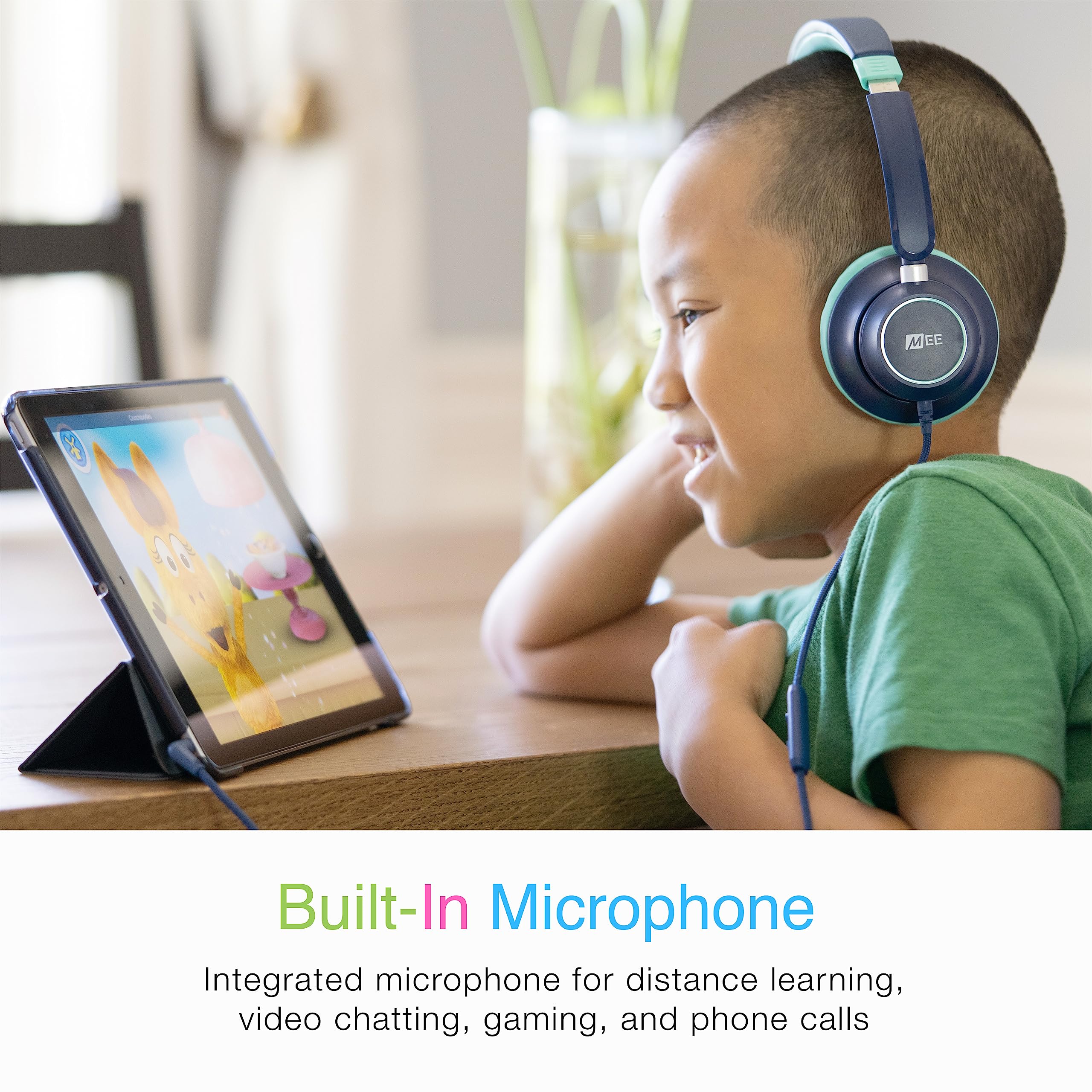 MEE audio KidJamz KJ45 Kids Headphones with Volume Limiter & Mic - Safe On-Ear Adjustable Headset for Children, 3.5mm Wired (Blue/Teal) - Perfect for Online Classes, Homeschooling, Travel & Tablet Use