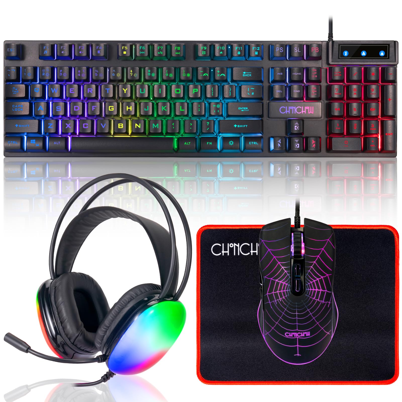RGB Backlit Gaming Keyboard, Mouse, Mousepad & Headset Combo - Wired USB Gamer Bundle with Mic | Compatible with PC, Windows, Xbox One, PS4, PS5 (Black) | Perfect for Esports, Streaming & Competitive Gaming
