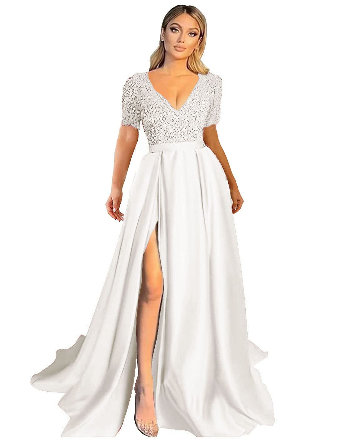 Elegant Women's Short Sleeve V-Neck Sequin Satin Prom Dress - Glitter Formal Evening Gown with Thigh High Split for Homecoming, Cocktail Party & Special Occasions