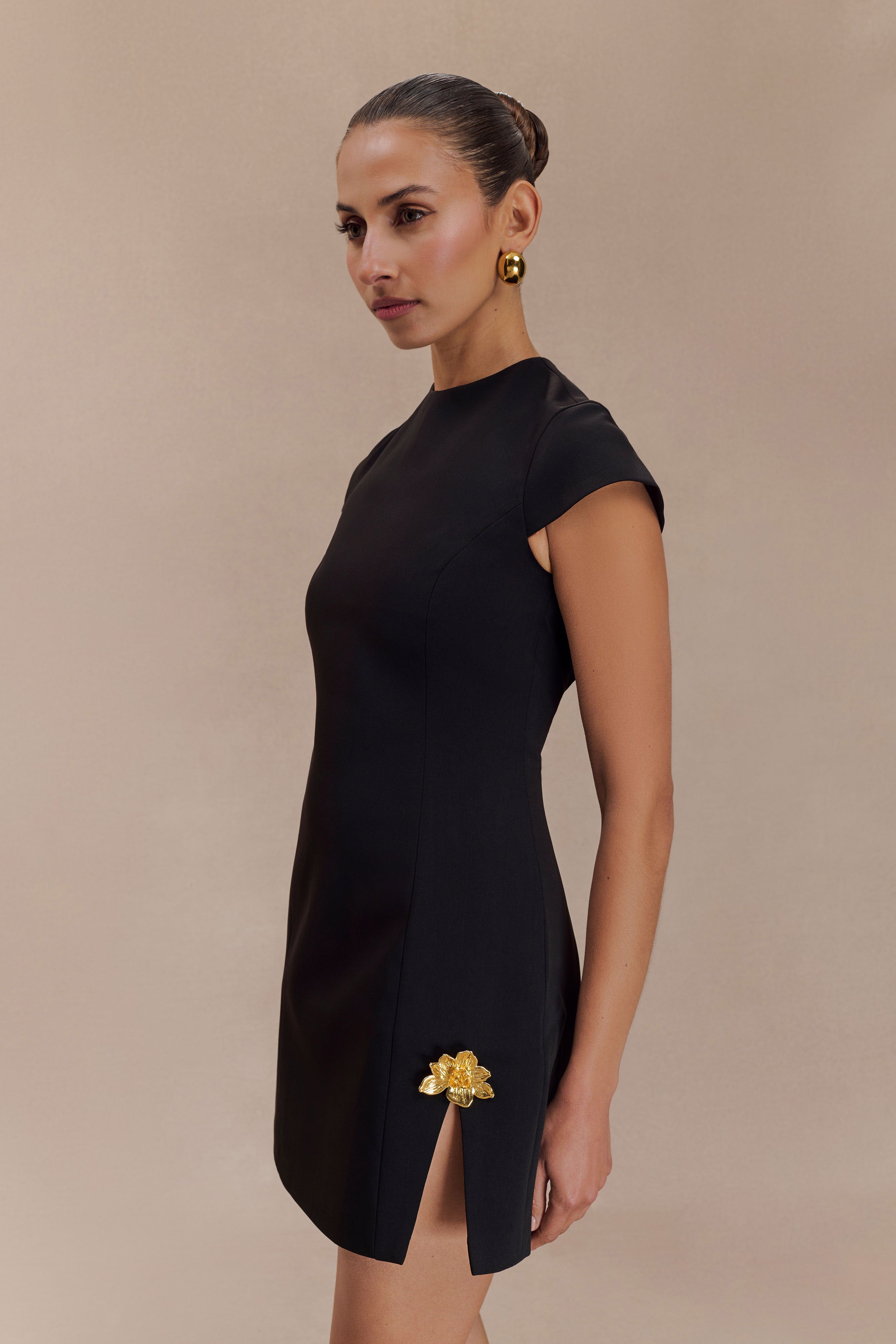 Elegant Black Remi Suiting Mini Dress with Floral Hardware - Perfect for Cocktail Parties & Evening Events