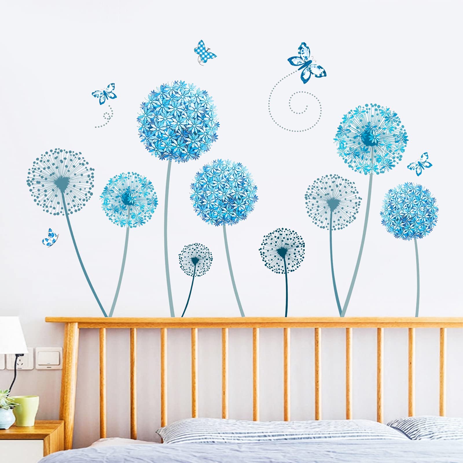Large Blue Flower Wall Stickers - Allium Butterfly Decals for Bedroom & Living Room Decor