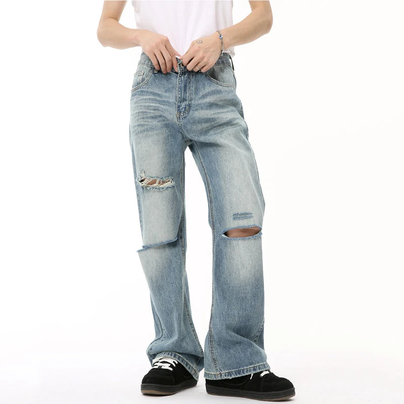 Stylish American Men's Denim Pants - Distressed Hole Design, Wide Leg & Straight Fit Casual Jeans for Men | Solid Color Chic Male Bottoms (9C6608) | Perfect for Streetwear, Everyday Fashion & Urban Outfits
