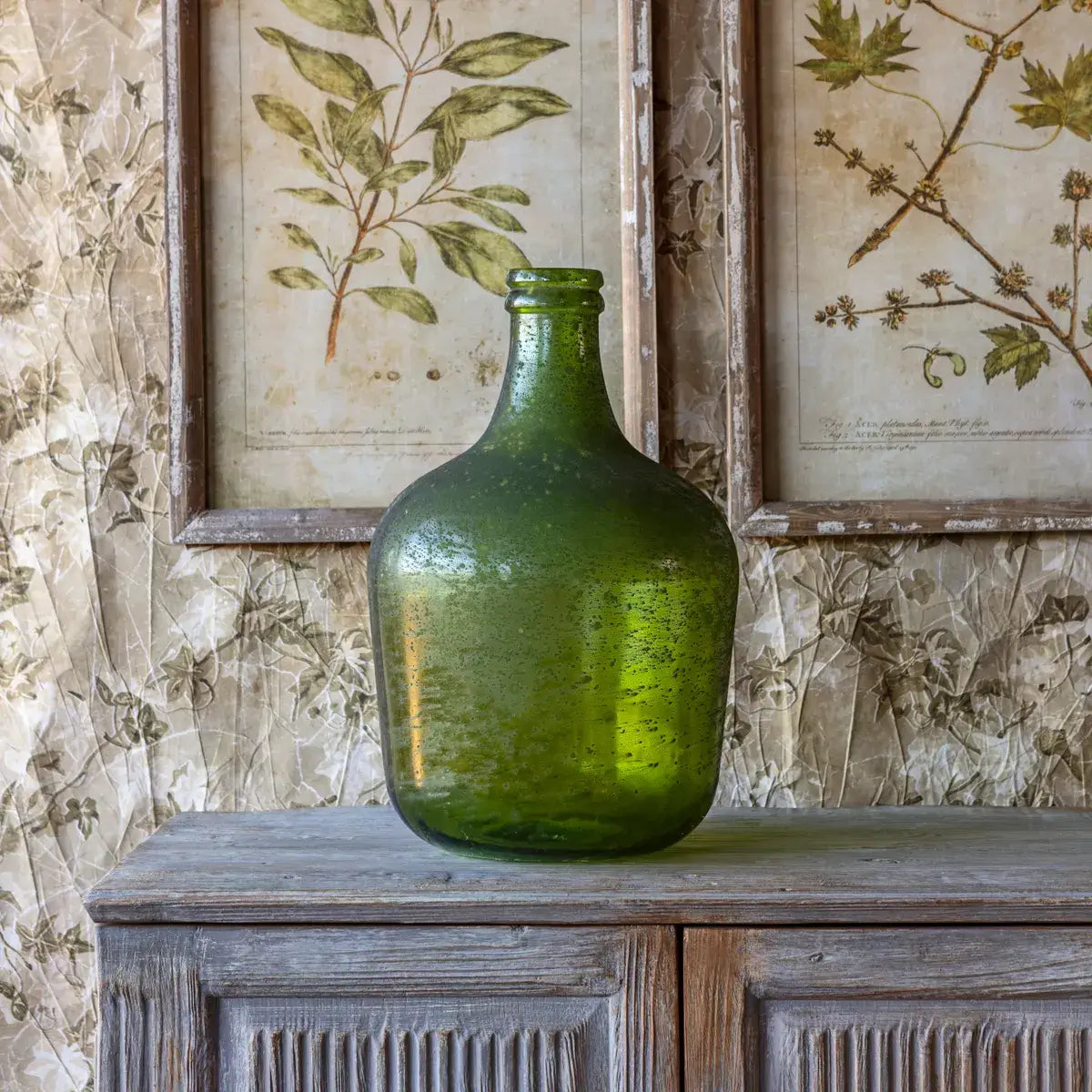Vintage Aged Verde Glass Bottle - Handcrafted Home Decor for Farmhouse, Rustic & Boho Style - Perfect for Centerpieces, Floral Arrangements & Shelf Displays