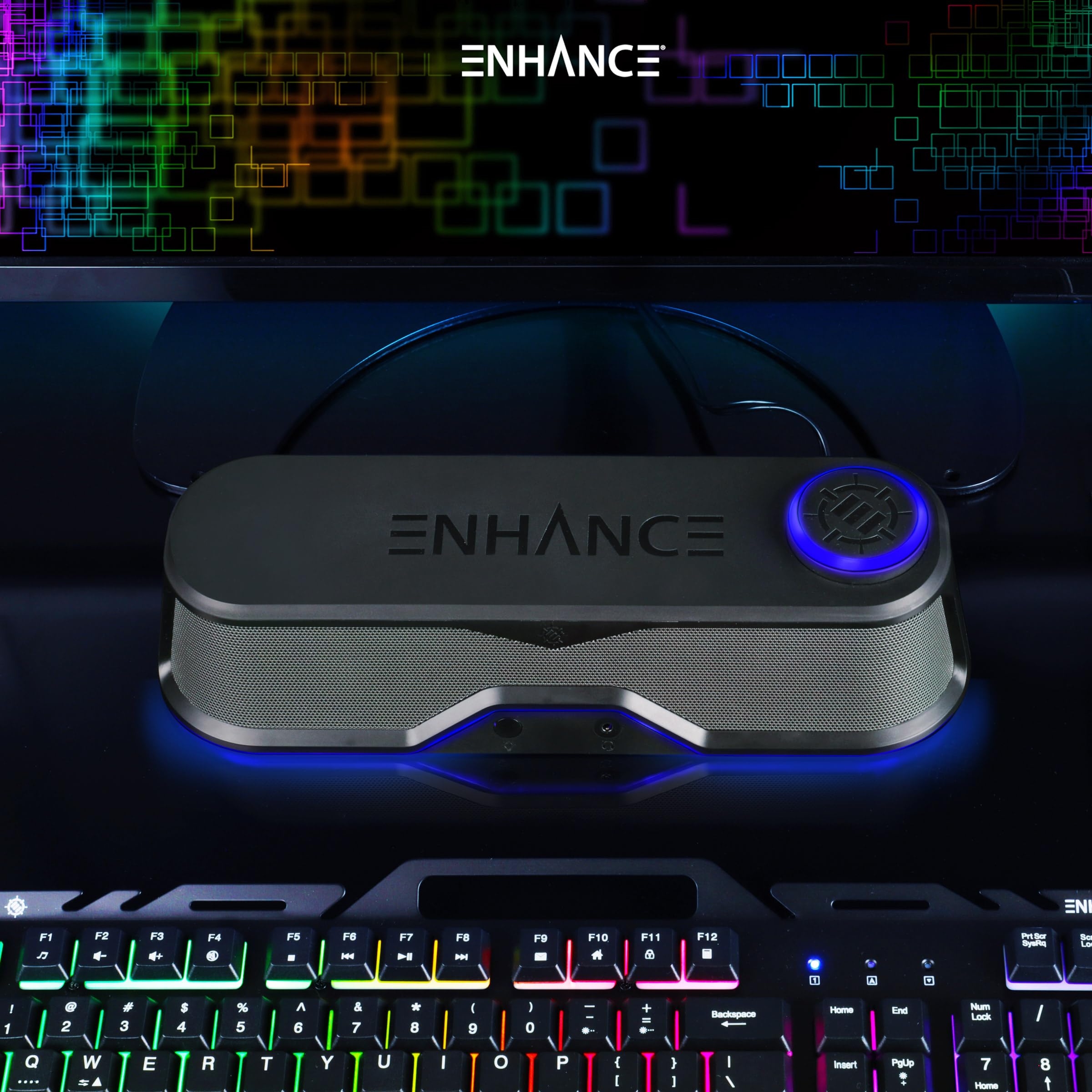 ENHANCE SB1 USB Powered Computer Soundbar - 10W Peak High Excursion Under Monitor Speaker with LED Volume Control & Headset Pass Through | Perfect for Gaming, Home Office & PC Multimedia Entertainment