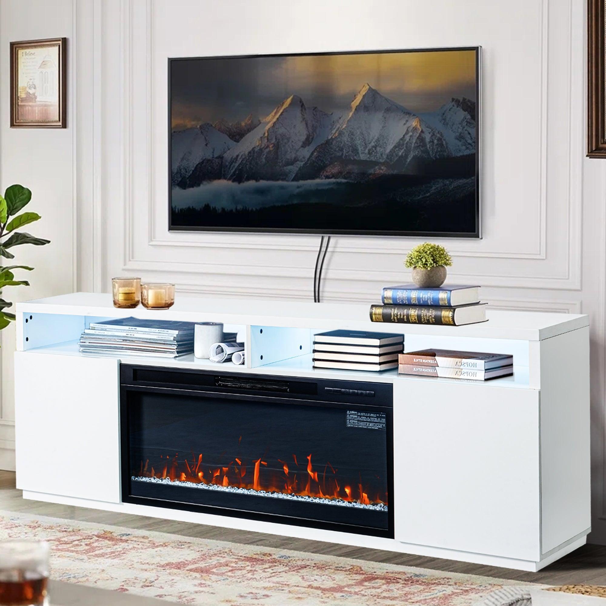 Modern 68-Inch LED TV Stand with 36-Inch Insert Opening & Electric Fireplace - Black or White - Perfect for Living Room Home Theater & Cozy Winter Nights