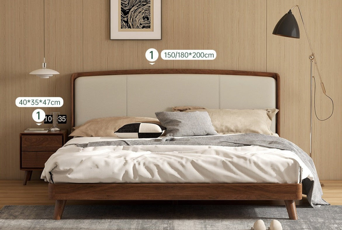 Premium Black Walnut Solid Wood Leather Bed Frame - Luxury Bedroom Furniture Set for Master Bedroom & Guest Room Decor