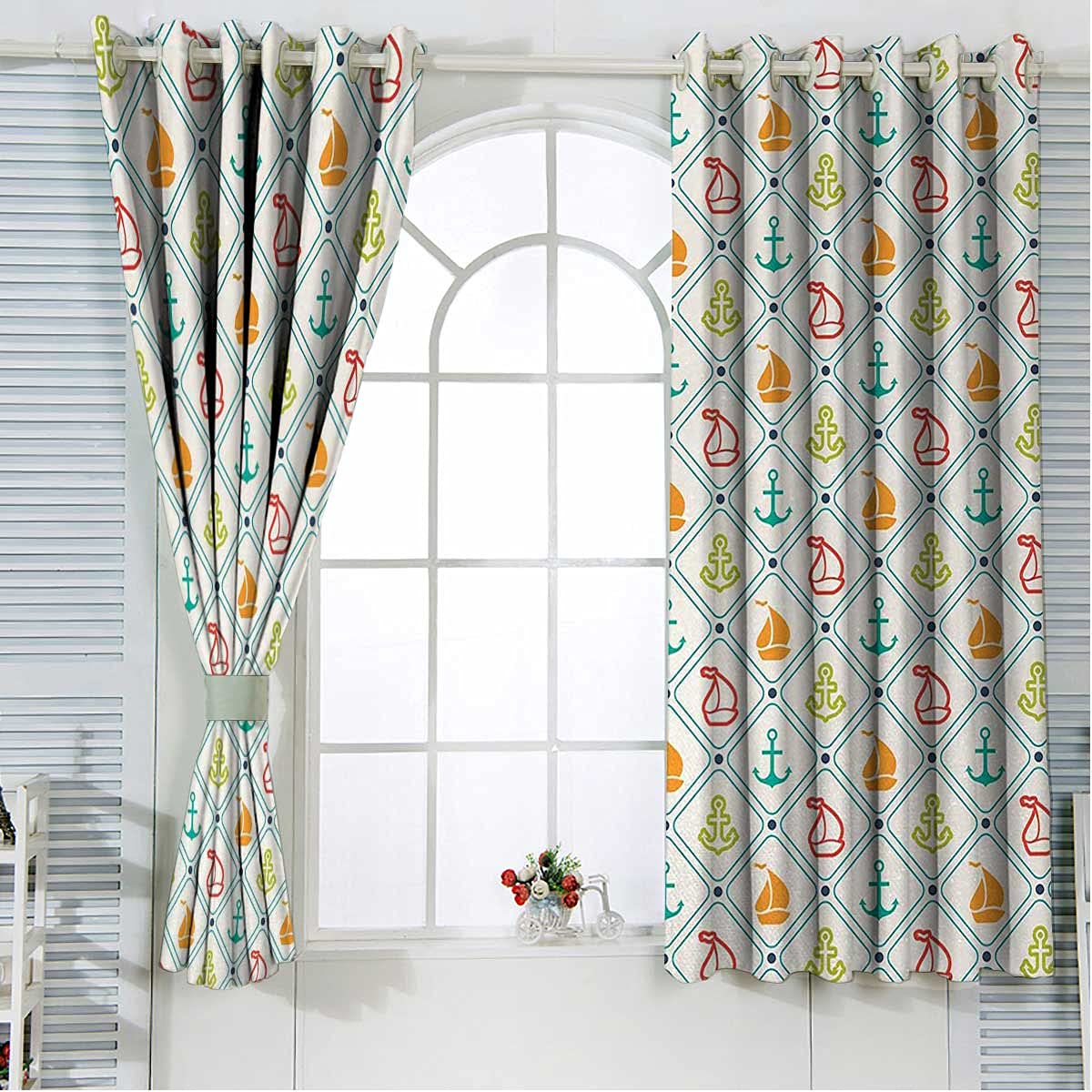 Nautical Themed Short Kitchen Curtains 84 Inch Length - Colorful Cafe Net Window Treatment 96x84 Inch for Coastal, Beach House & Cottage Decor
