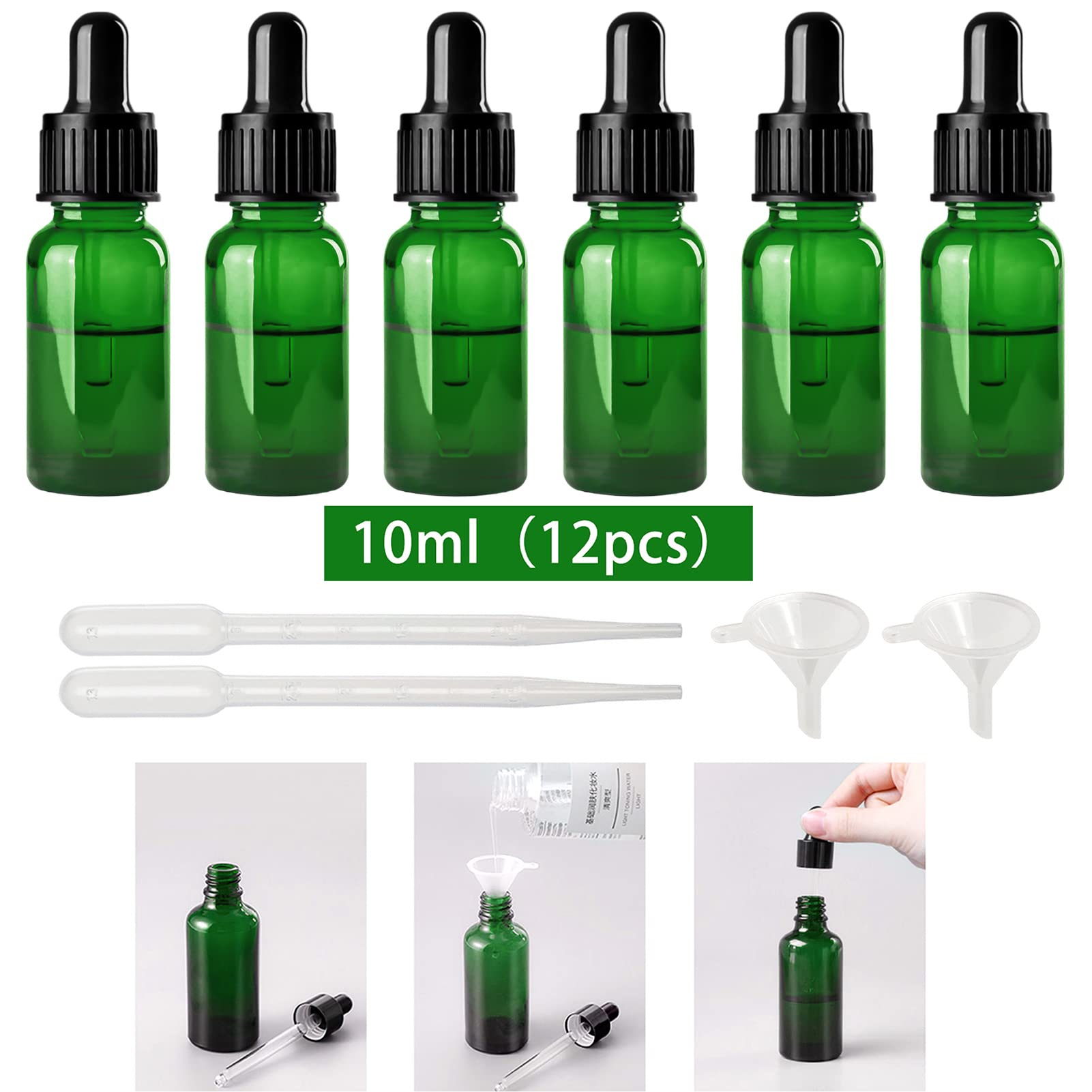 12 Pack 10ml Green Glass Dropper Bottles with Pipette - Essential Oil Bottles, Refillable Cosmetic Containers for Aromatherapy, Massage Oils & DIY Beauty Blends - Perfect for Home Spa, Travel & Gift Sets
