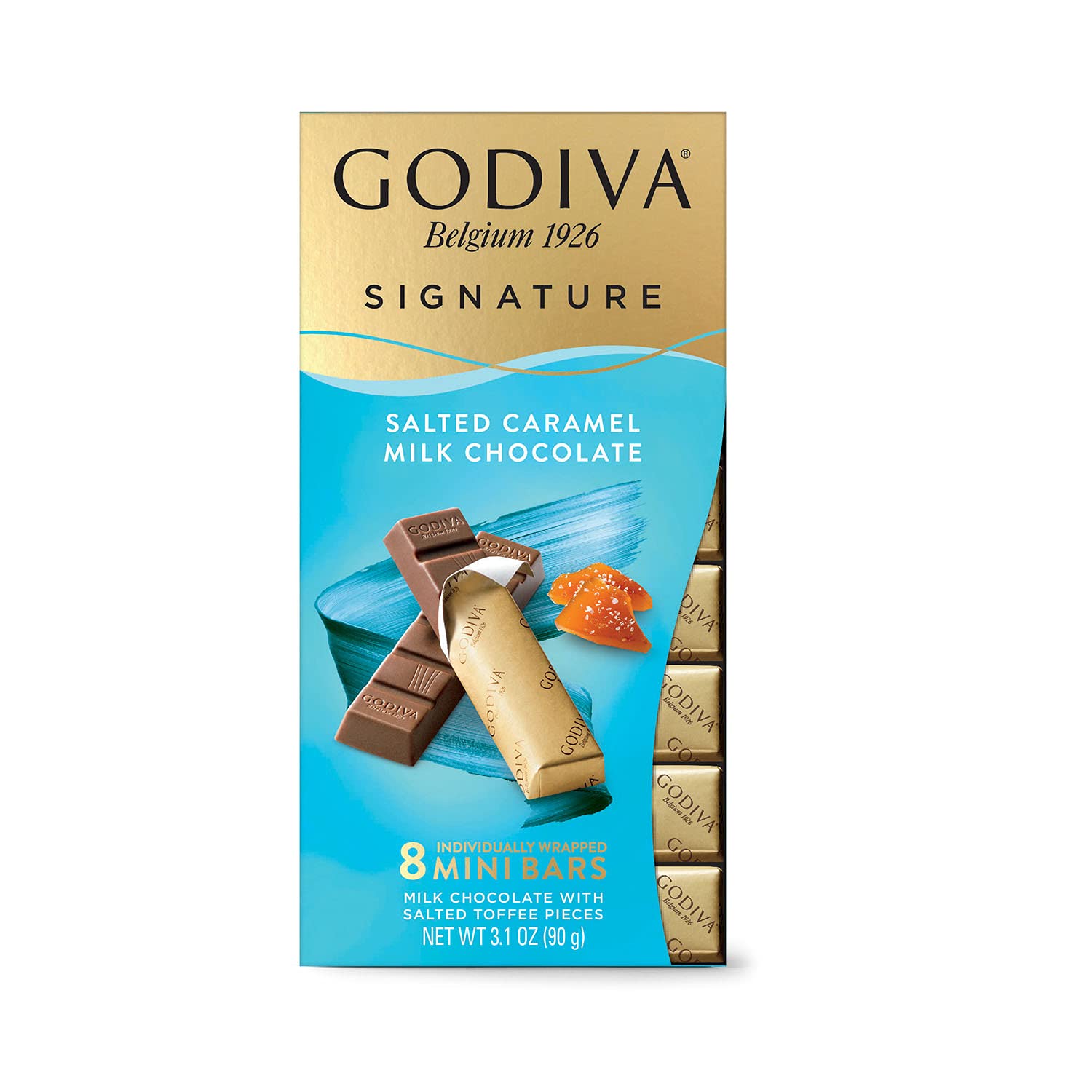 Godiva Signature Salted Caramel Milk Chocolate Mini Bars - 12 Count (8 Pieces Each, 90g Total) | Premium Gourmet Chocolate Gift for Holidays, Parties & Corporate Events