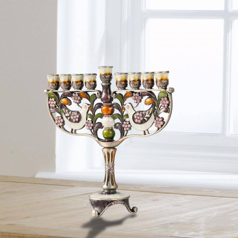 Matashi Hand Painted Enamel Candelabra Menorah - Elegant Jewish Hanukkah Decoration for Home & Holiday Celebrations