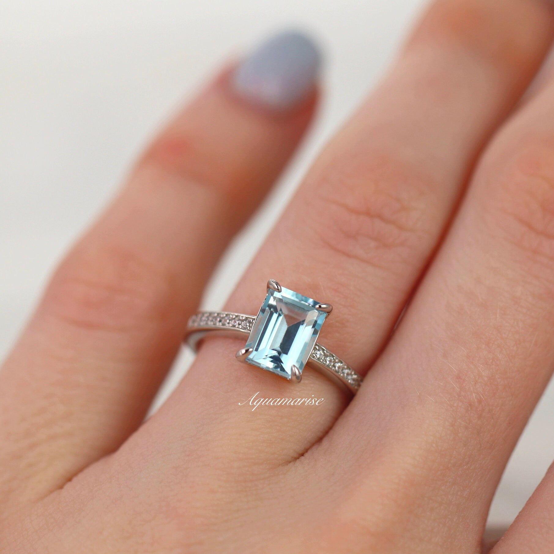 Emerald Cut Aquamarine Ring for Women - 925 Sterling Silver Wedding & Engagement Jewelry - Elegant Gift for Anniversary, Birthday & Special Occasions