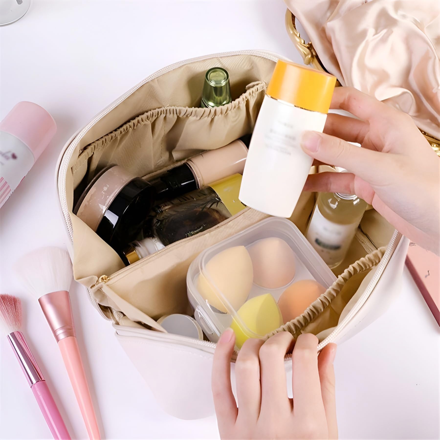 NFI Essentials Women's Leather Cosmetic Travel Organizer Bag - Portable Makeup Pouch & Toiletry Bag with Wide Opening, Handle & Divider - Perfect for Air Travel, Gym & Weekend Getaways