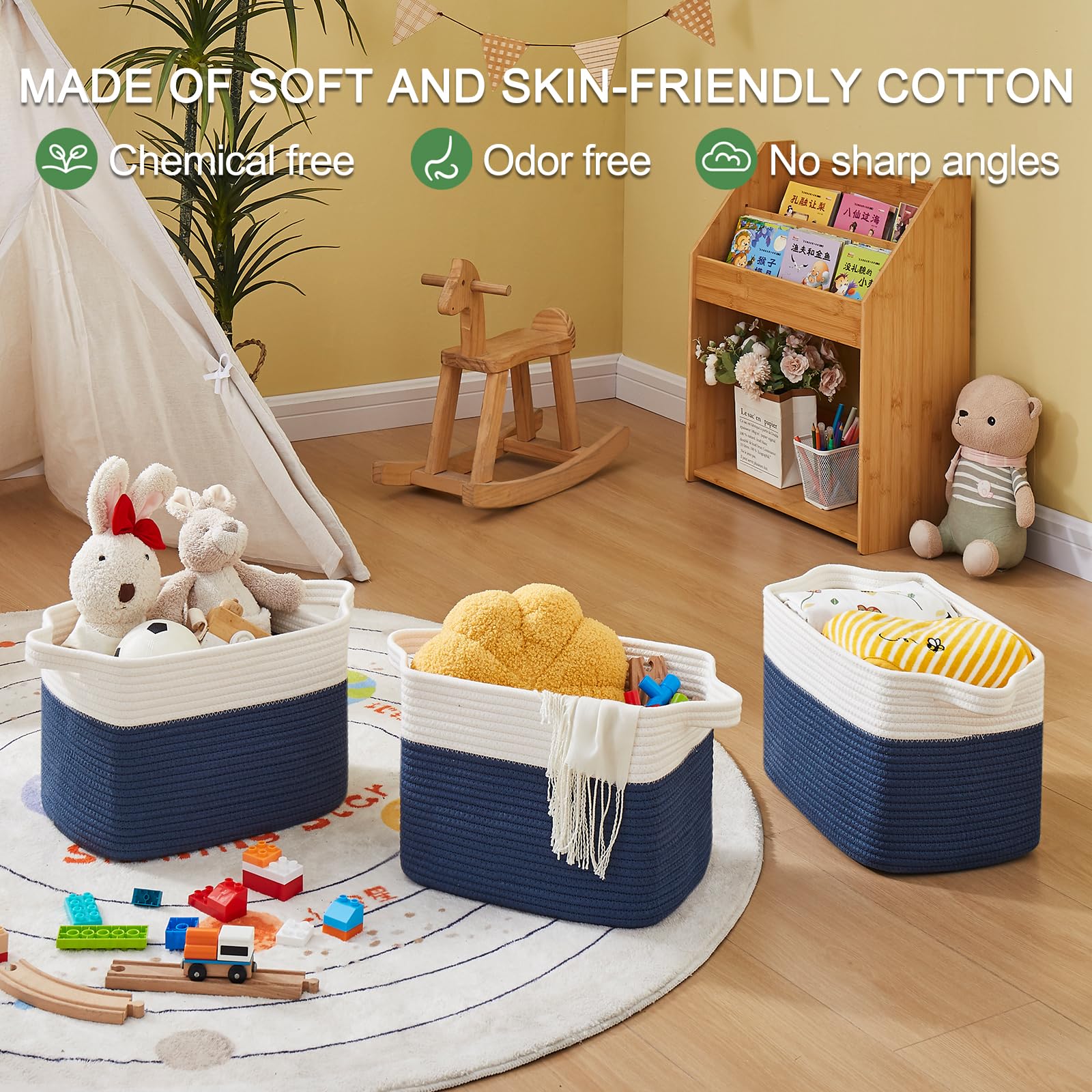OIAHOMY 3-Pack Woven Cotton Rope Storage Baskets - White & Blue, Organize Toys, Towels & Bathroom Essentials - Perfect for Home, Nursery & Laundry Room Organization