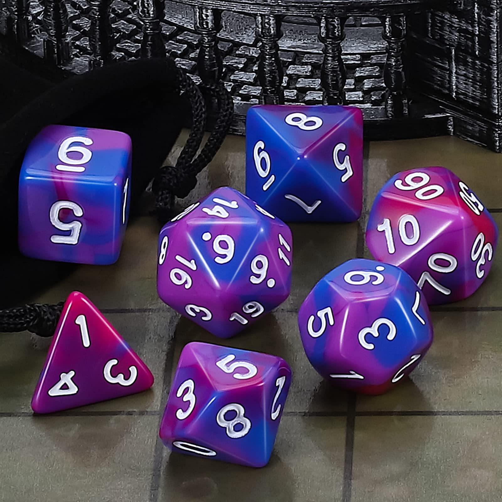 CiaraQ 7-Piece DND Polyhedral Dice Set for Dungeons & Dragons RPG, MTG, Pathfinder - Blue Purple Red Dice with Pouch | Tabletop Gaming, Role Playing Games, Board Game Nights