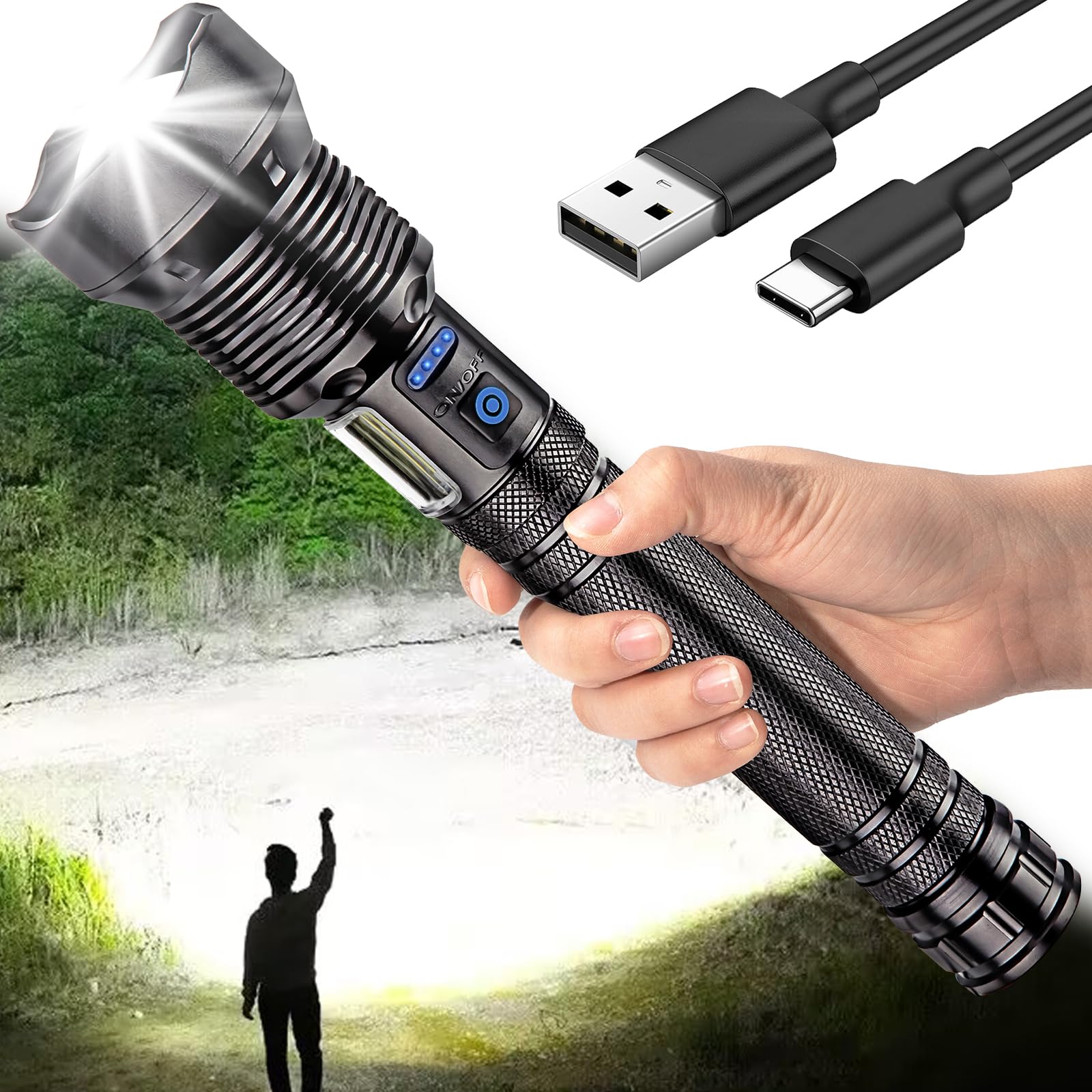 Tongtai Rechargeable 900000 Lumens Super Bright LED Flashlight with COB Light - 7 Modes, Zoomable, Powerful Torch for Camping, Hiking, Emergencies & Outdoor Adventures