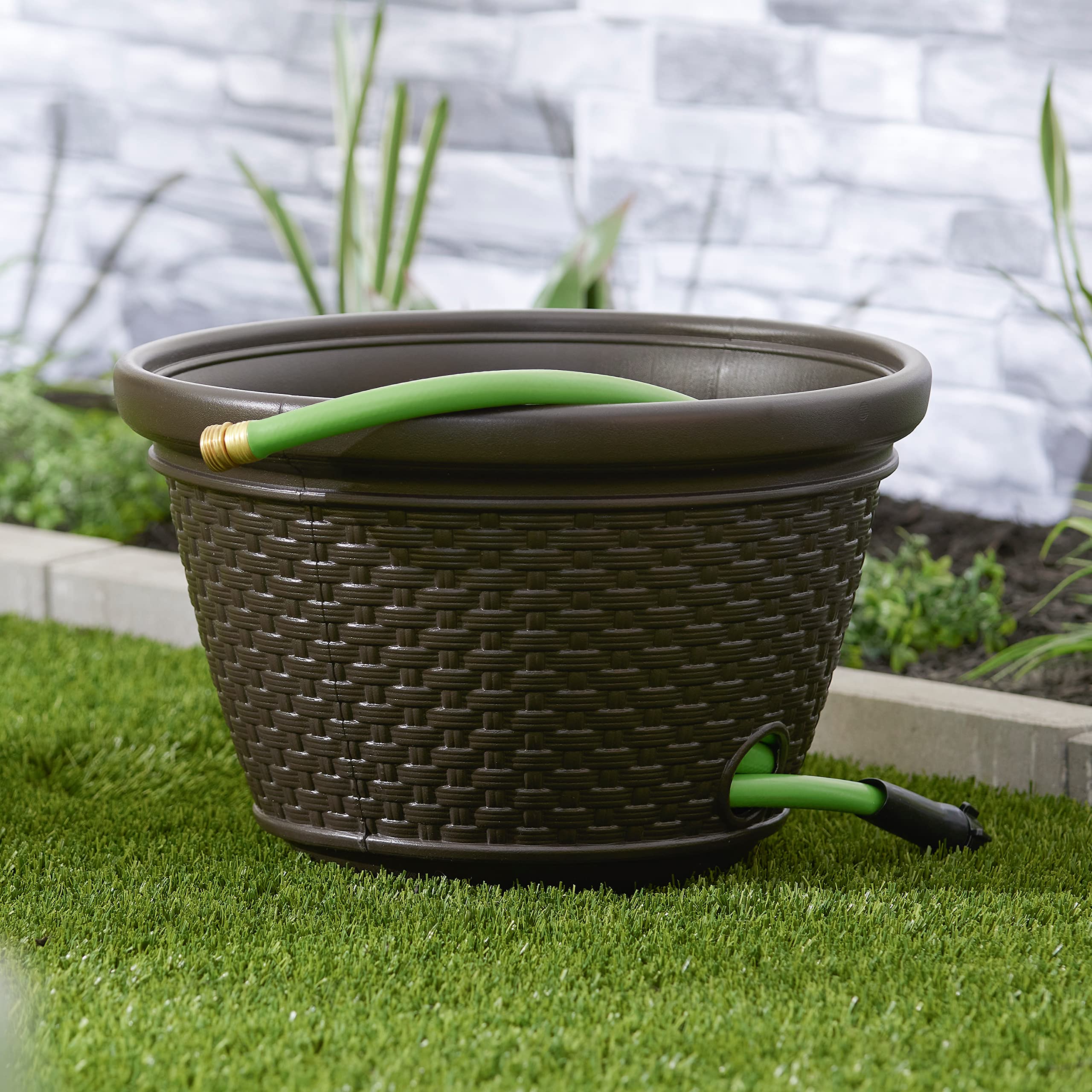 Suncast 100-Foot Resin Wicker Garden Hose Holder - Decorative Outdoor Water Hose Storage Pot (4-Pack) - Perfect for Yard, Patio, and Garden Organization