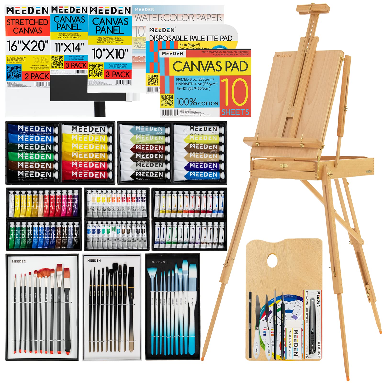 MEEDEN 149-Piece Complete Art Supplies Set with Wooden French Easel - Professional Painting Kit for Beginners & Artists | Perfect for Studio, Classroom & Outdoor Sketching