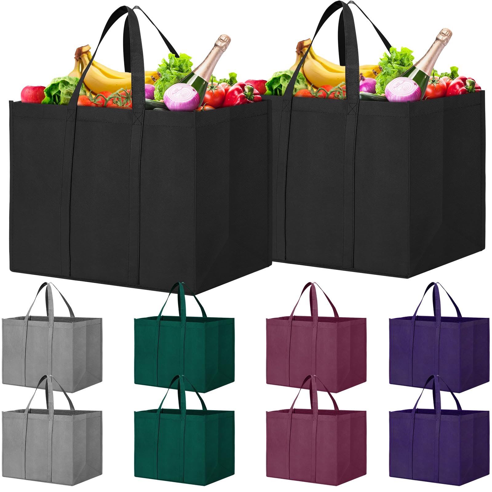 WISELIFE 10 Pack Reusable Grocery Shopping Bags - Large Foldable Tote Bags Bulk, Eco-Friendly Produce Bags with Long Handles for Groceries, Clothes & Shopping (5 Assorted Colors) - Perfect for Grocery Stores, Farmers Markets & Daily Errands