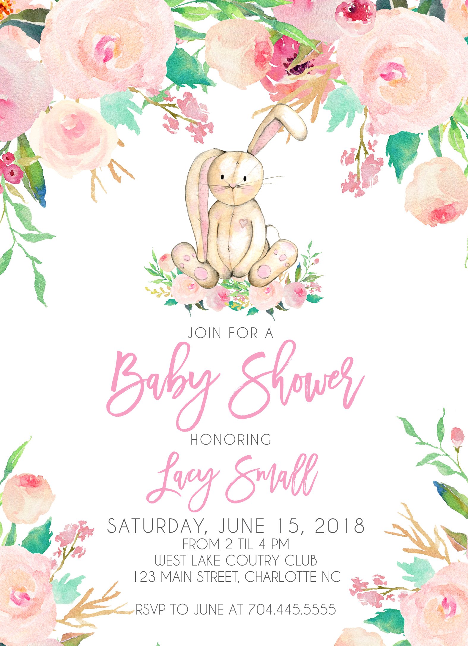 Printable Easter Birthday & Baby Shower Invitation - Watercolor Pink Floral Bunny Design for Girls | Perfect for Spring Celebrations, Easter Parties & Its a Girl Announcements