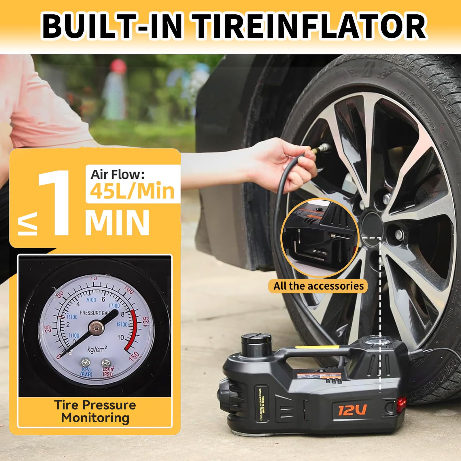 ROGTZ 5 Ton 12V Electric Hydraulic Car Jack Kit with Impact Wrench & Tire Inflator Pump - Heavy Duty SUV Sedan Floor Jack with LED Light for Emergency Tire Change, Roadside Assistance & Vehicle Maintenance (Black)