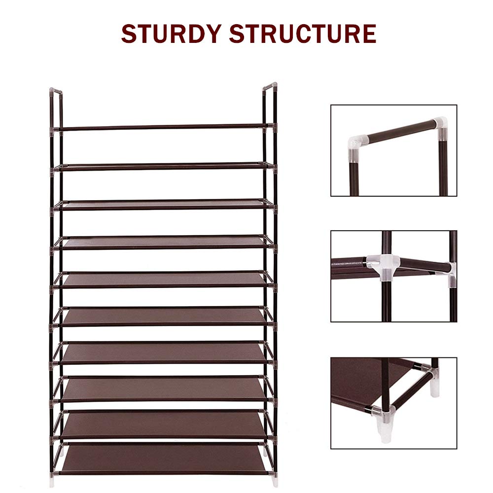 WEI WEI GLOBAL 10-Tier Shoe Rack Organizer - Space Saving Non-Woven Fabric Shoe Storage Cabinet for 50 Pairs - Dark Brown Shoe Tower Shelf for Closet, Bedroom & Entryway Organization