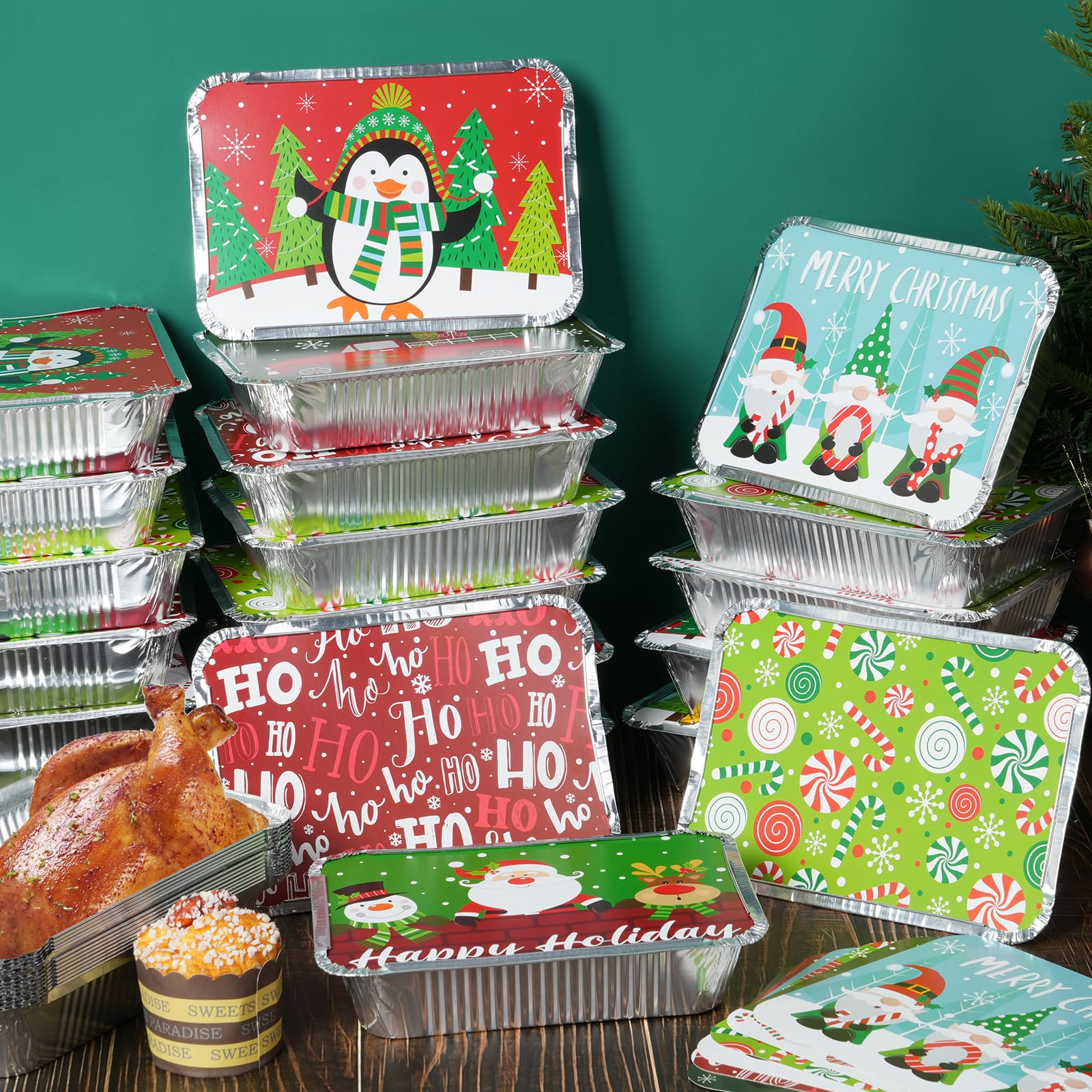 50 Pcs Christmas Cookie Tins with Lids - Disposable Holiday Foil Pans Containers (10 Festive Designs) - Perfect for Christmas Baking, Food Storage & Gift Giving - Ideal for Holiday Parties, Cookie Exchanges & Winter Treats