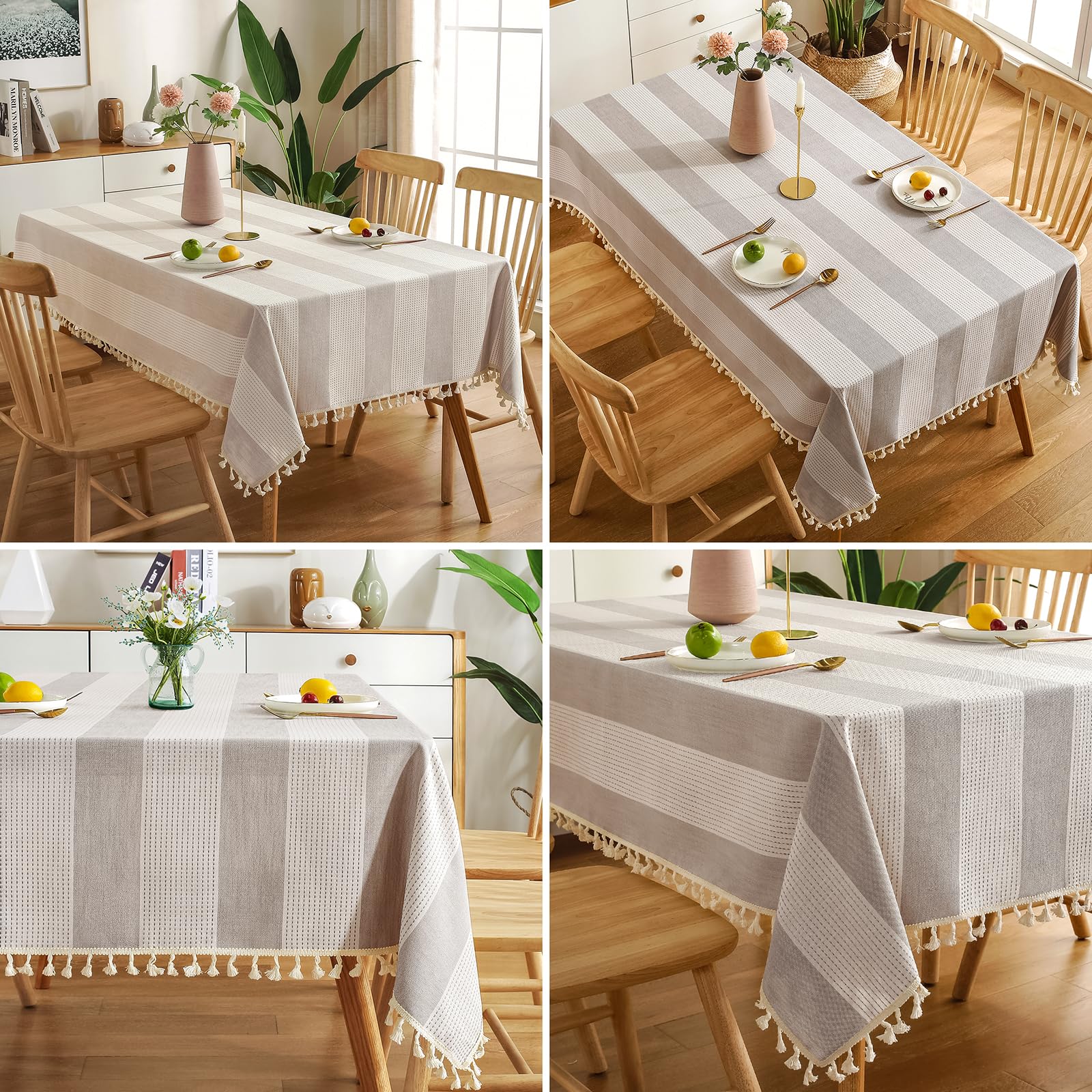 AmHoo Striped Cotton Linen Tablecloth - 54 x 86 Inch Beige Rectangle Kitchen Dining Table Cover with Tassel Trim, Dust-Proof & Washable - Perfect for Everyday Meals, Dinner Parties & Holiday Decor
