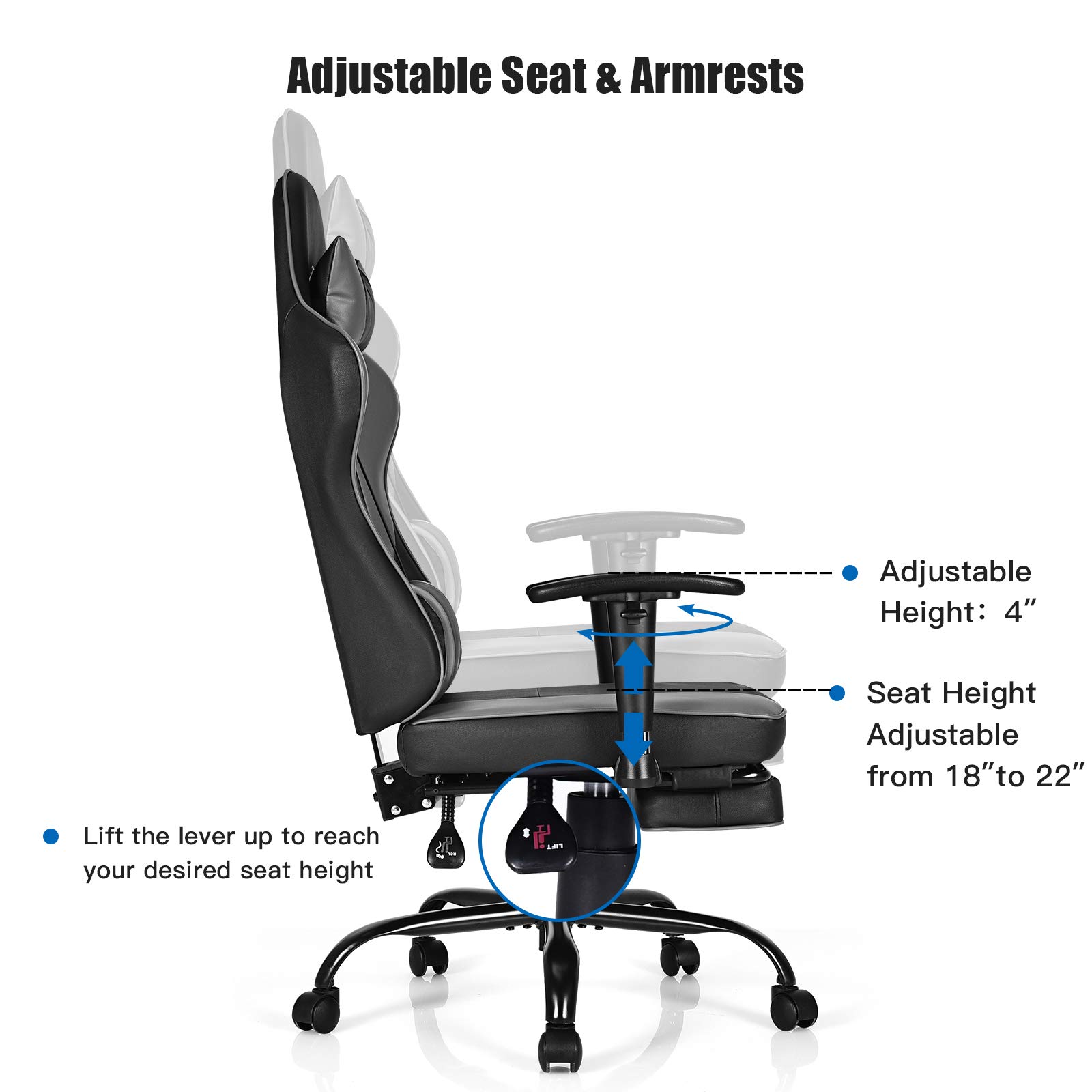 GYMAX Ergonomic Gaming Chair - High Back Computer Chair with Adjustable Armrests, Lumbar Support & Massage - Swivel Reclining Office Chair for PC Gamers & Home Office (Black) - Perfect for Esports, Streaming & Long Work Sessions