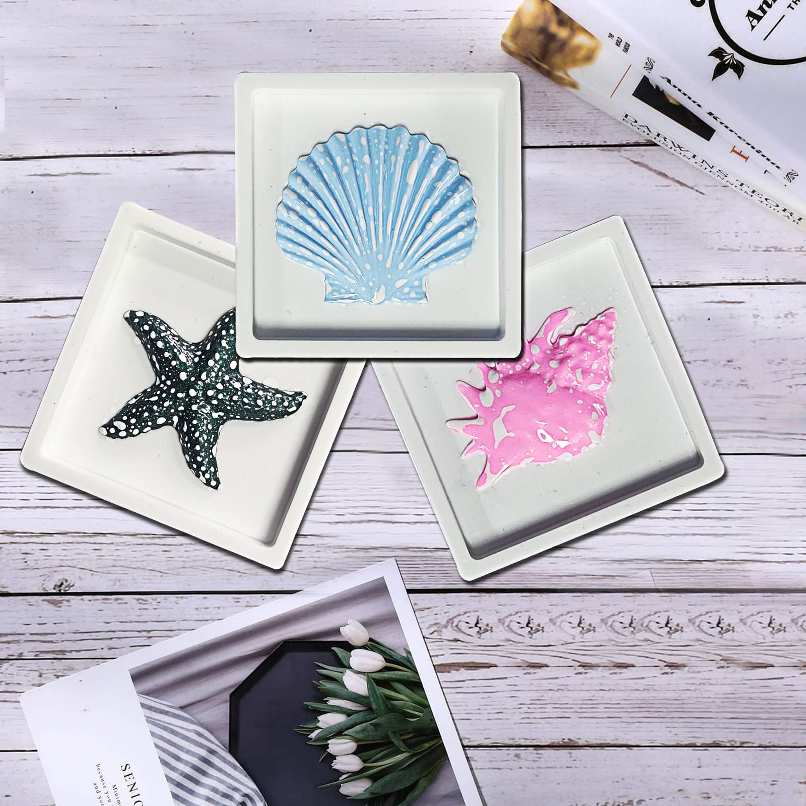 3D Ocean Theme Silicone Molds Set - 3 Pack Seashell, Starfish & Conch Resin Casting Molds for DIY Epoxy Crafts, Beach Decor, Bathroom Wall Art | Perfect for Coastal Home Decor, Gift Making & Nautical-Themed Displays
