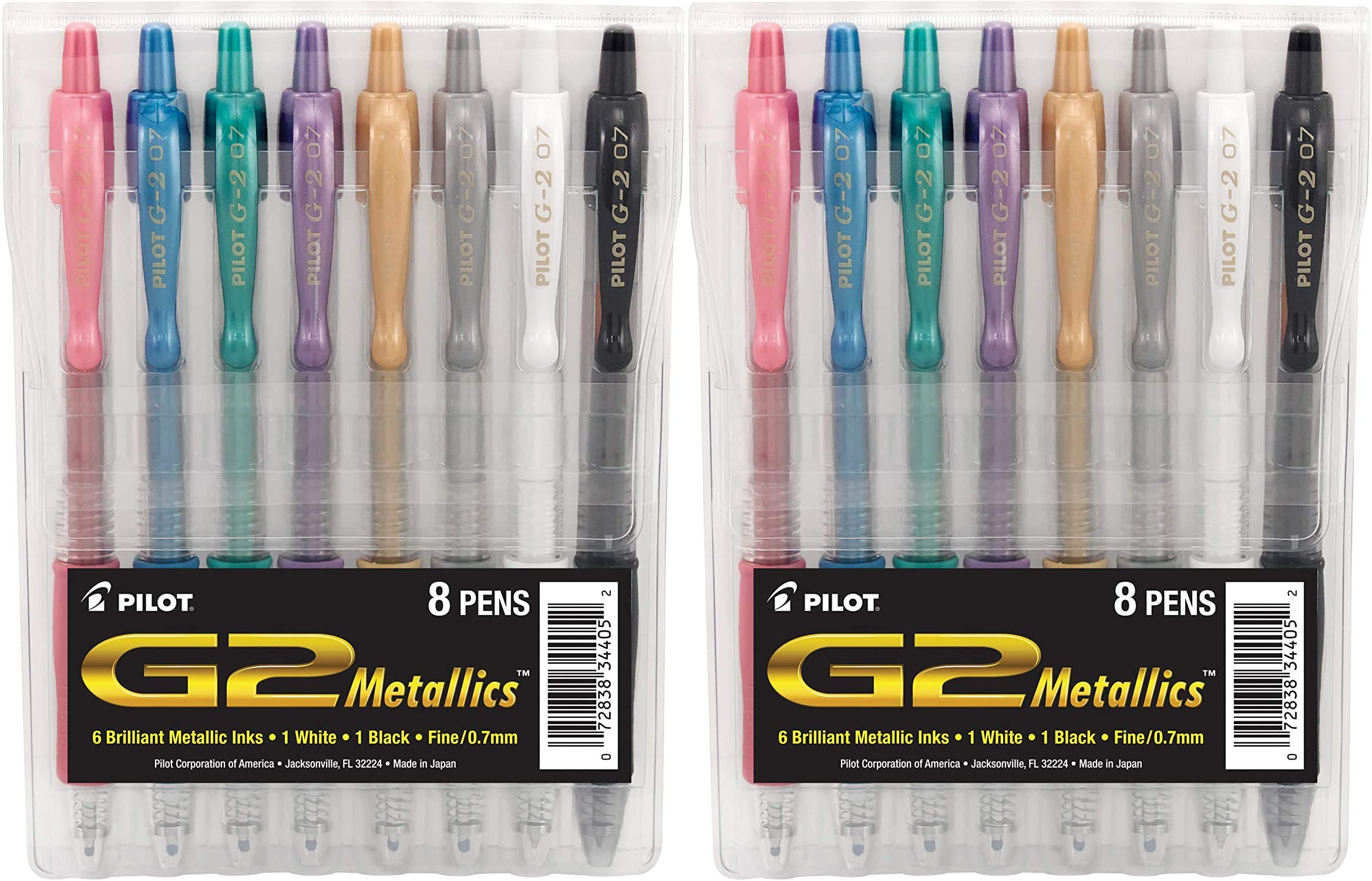 Premium PILOT G2 Metallic Gel Pens - Refillable & Retractable Fine Point (0.7mm) - 8 Assorted Color Inks - 2 Pack (34405) - Ideal for Office, School, Journaling & Gift Giving