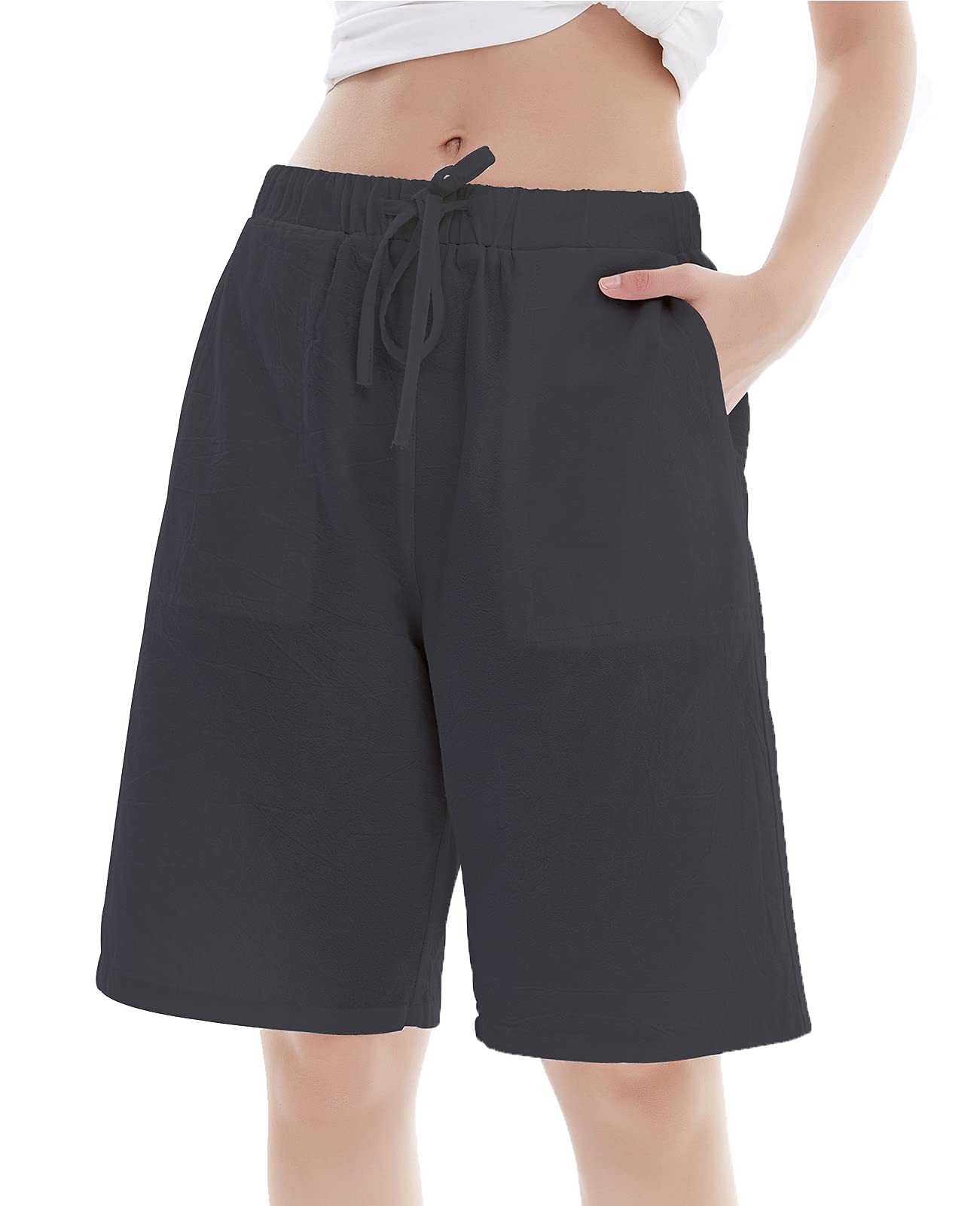 Lisskolo Women's Linen Bermuda Shorts - Elastic Waist Summer Cotton Shorts for Casual & Beach Wear