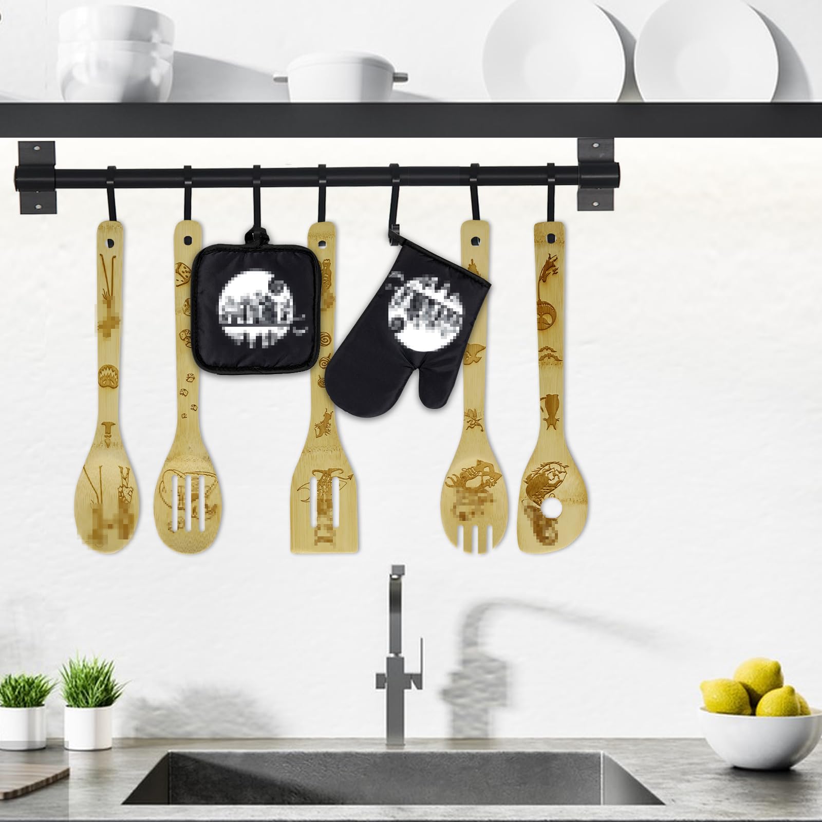 Wooden Cooking Utensil Set with Apron, Oven Mitt & Potholder - Perfect Christmas, Mother's Day & Birthday Gift for Women - Kitchen Decor & Halloween Nightmare Theme - Ideal for Baking, Cooking & Home Decor