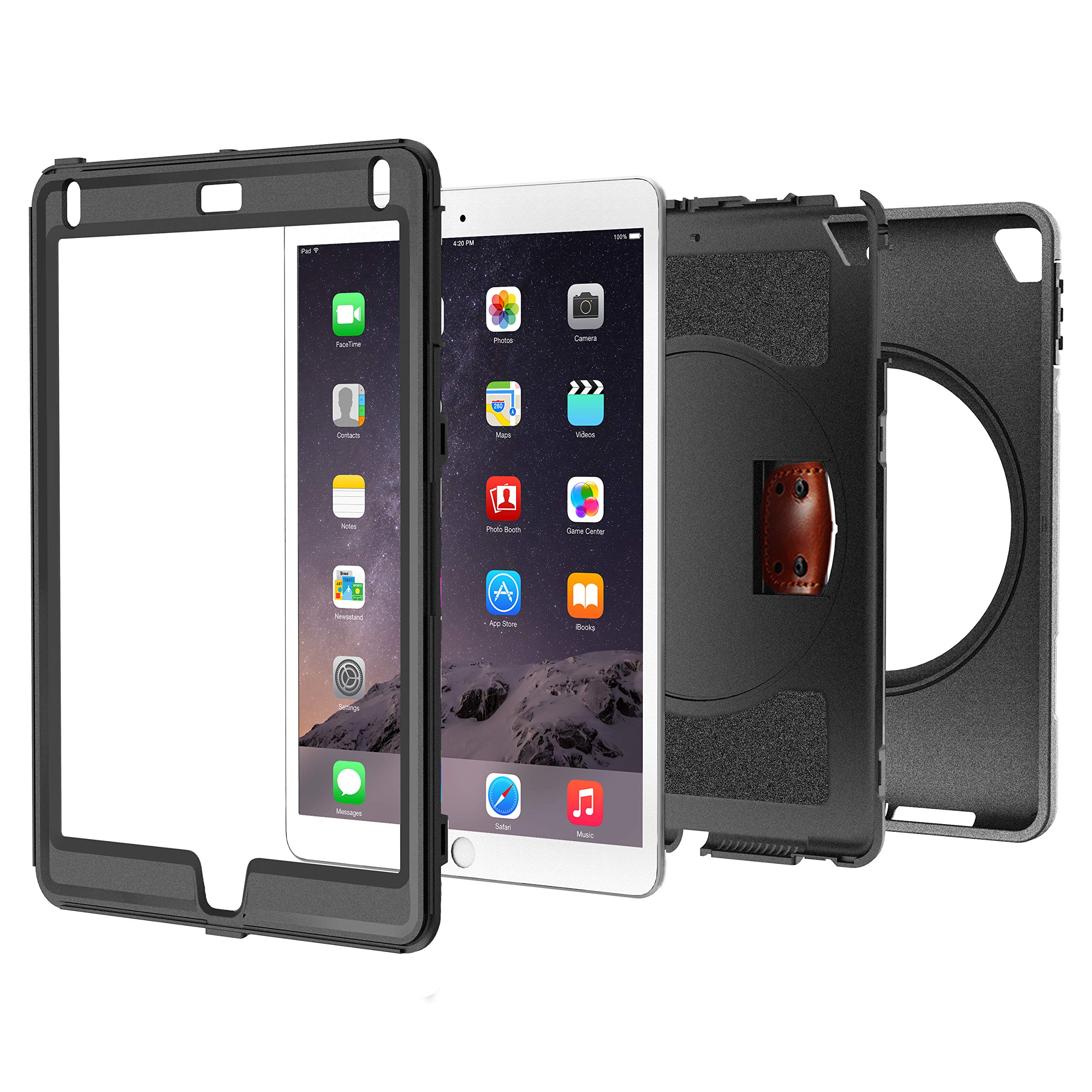 Shockproof iPad Case for iPad 5th/6th Gen, iPad Air 2 & iPad Pro 9.7 - Full Body Protection with Rotating Stand, Built-in Screen Protector & Premium Leather Hand Strap - Heavy Duty Protective Cover for Work, Travel & School Use