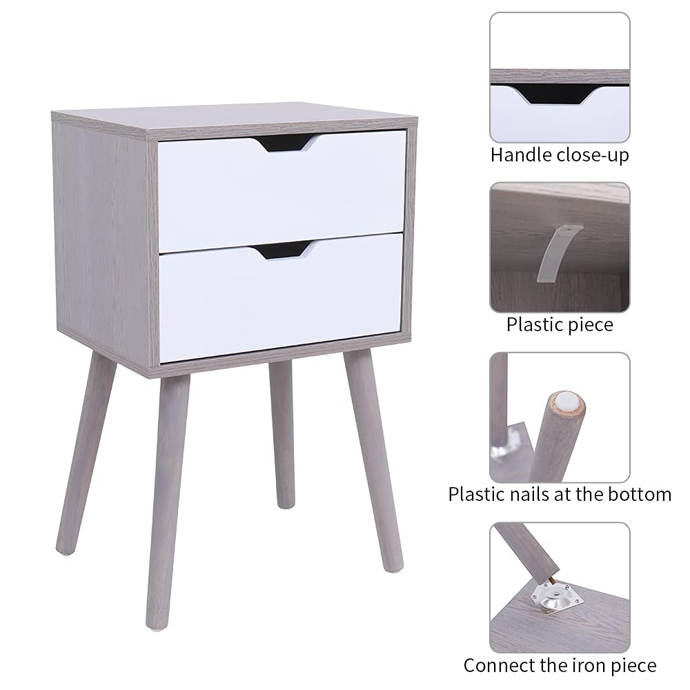Modern Nightstand Set of 2 - Mid-Century Bedside Tables with 2 Drawers & Solid Wood Legs, Storage Cabinet for Bedroom & Living Room Furniture (Grey) - Perfect for Small Spaces, Guest Rooms & Apartment Decor