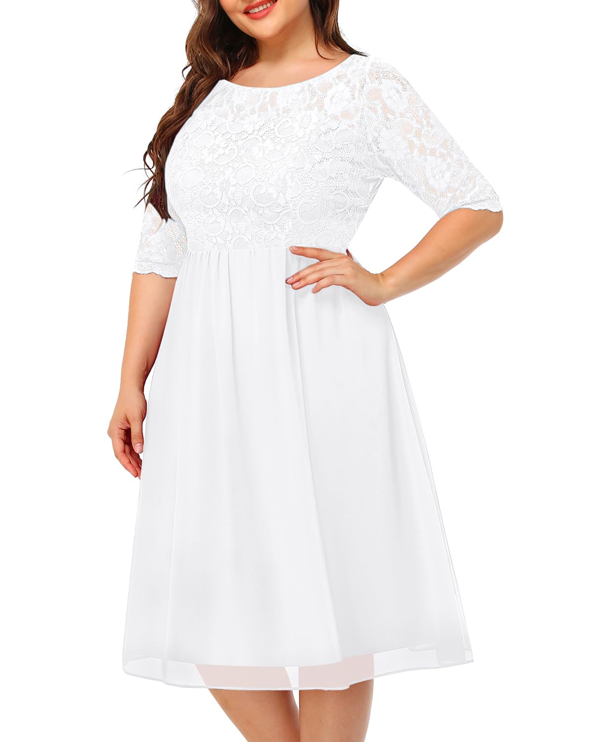 Elegant Plus Size Lace Chiffon Wedding Guest Dress for Women - Cocktail Party Midi Dress with Flowy Skirt | Perfect for Bridal Showers, Formal Events & Special Occasions