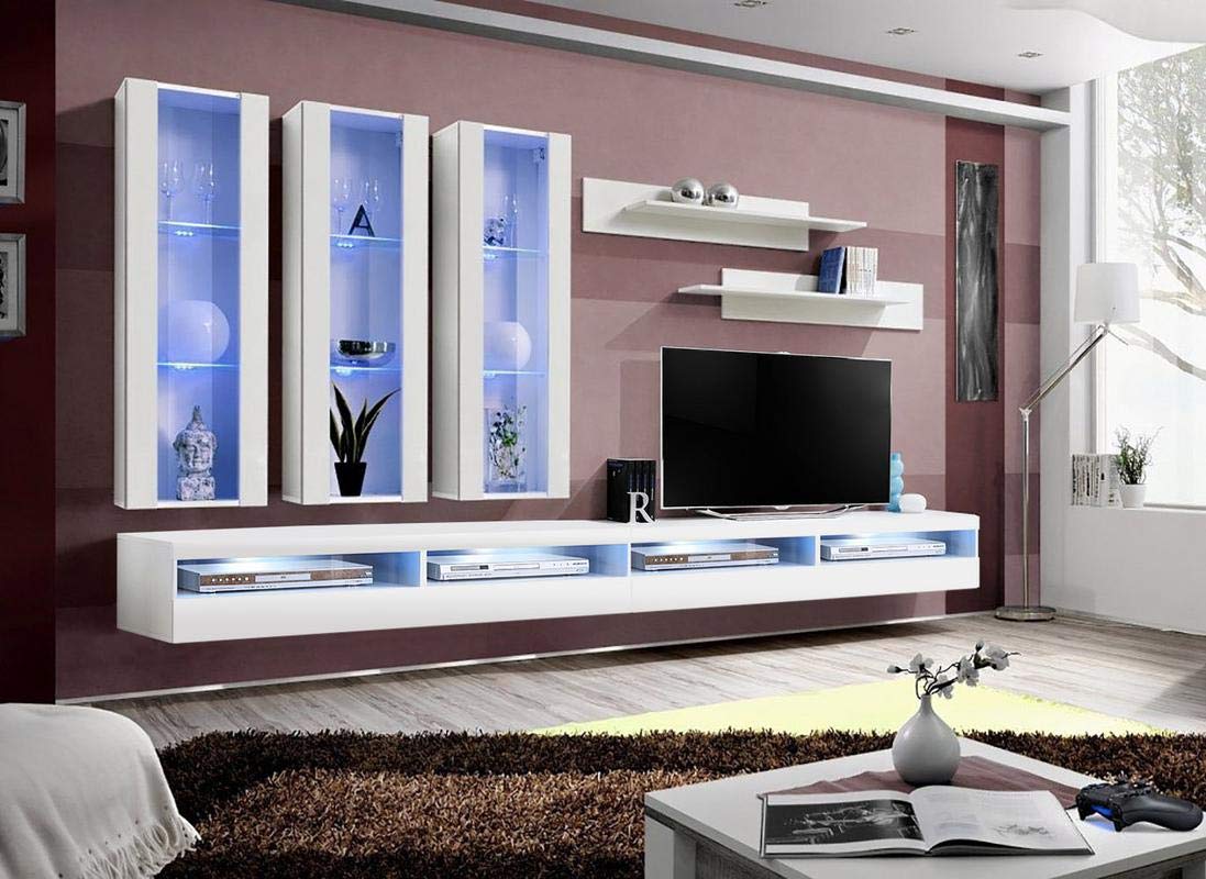 Modern White Wall-Mounted TV Stand with Storage Shelves & LED Lights - Meble Furniture Fly E3 35