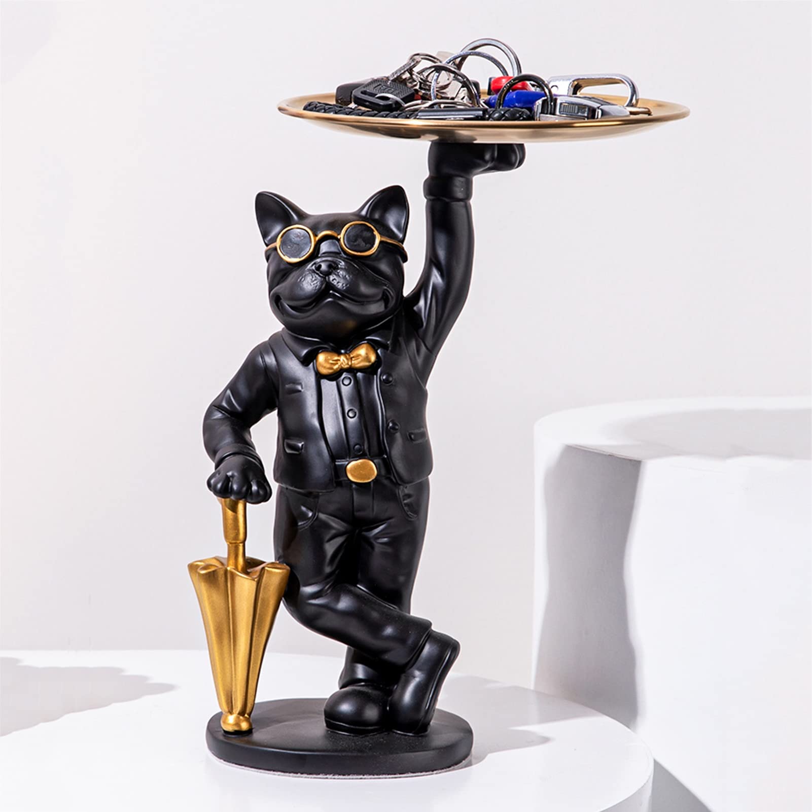 Modern Resin Dog Sculpture with Storage Tray - Black Home Decor Statue for Jewelry, Keys & Candy | Desktop Organizer & Artistic Home Accent | Perfect for Living Room, Office & Gift Giving
