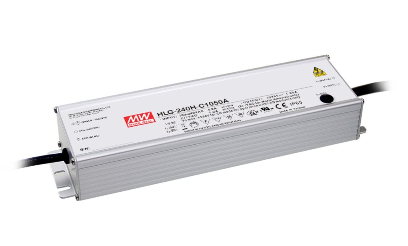 MEAN WELL HLG-240H-C1050B 249.9W LED Driver Power Supply - 119~238V AC Input, 1050mA Constant Current Output - Ideal for LED Lighting, Grow Lights & Commercial Lighting Systems