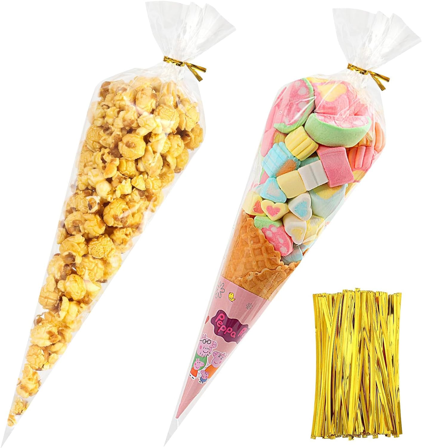 SUREHOME 100-Pack Clear Cellophane Cone Shaped Treat Bags with Ties (7x15 Inches) - Bulk Triangle Plastic Bags for Popcorn, Candy, Snacks, Party Favors & Gift Wrapping - Perfect for Birthday Parties, Halloween, Christmas & School Events