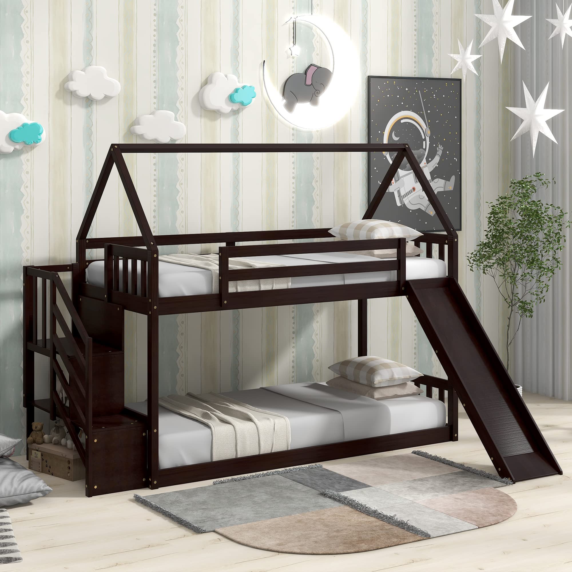 P PURLOVE Twin Over Twin Wooden House Bunk Bed with Roof, Staircase & Slide - Multifunctional Kids Bunk Bed Frame with Storage Space for Boys, Girls & Teens (Espresso) - Perfect for Small Bedrooms, Shared Kids Rooms & Vacation Homes