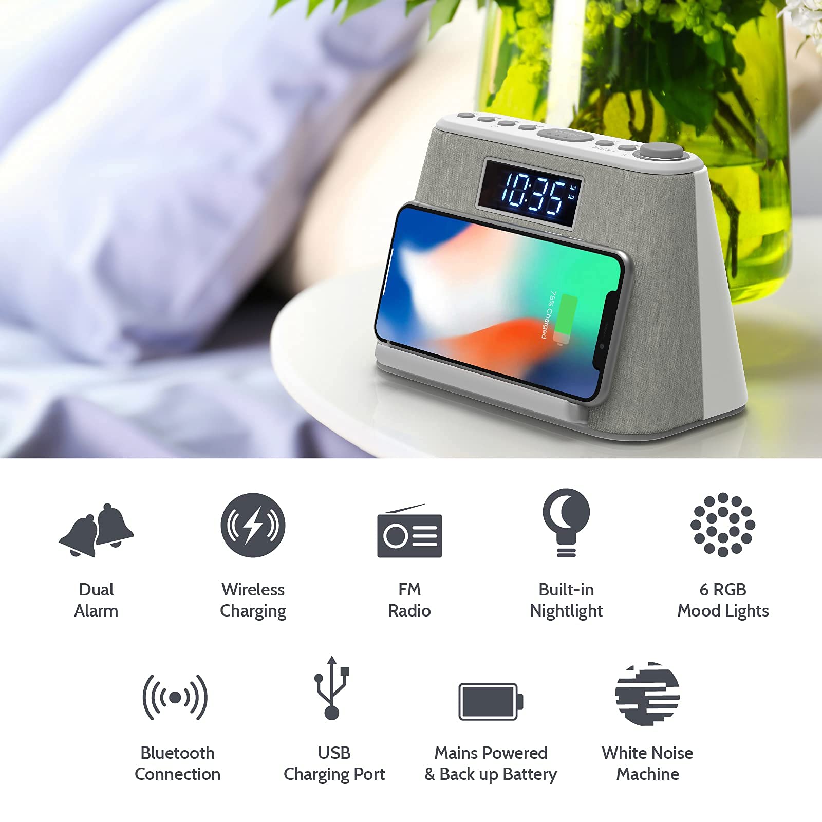i-Box Digital Alarm Clock Radio with USB & Wireless Qi Charging, Bluetooth Speaker, FM Radio, RGB Mood Light, Dimmable Display & White Noise - Bedside Alarm Clock for Home, Office, Dorm & Travel