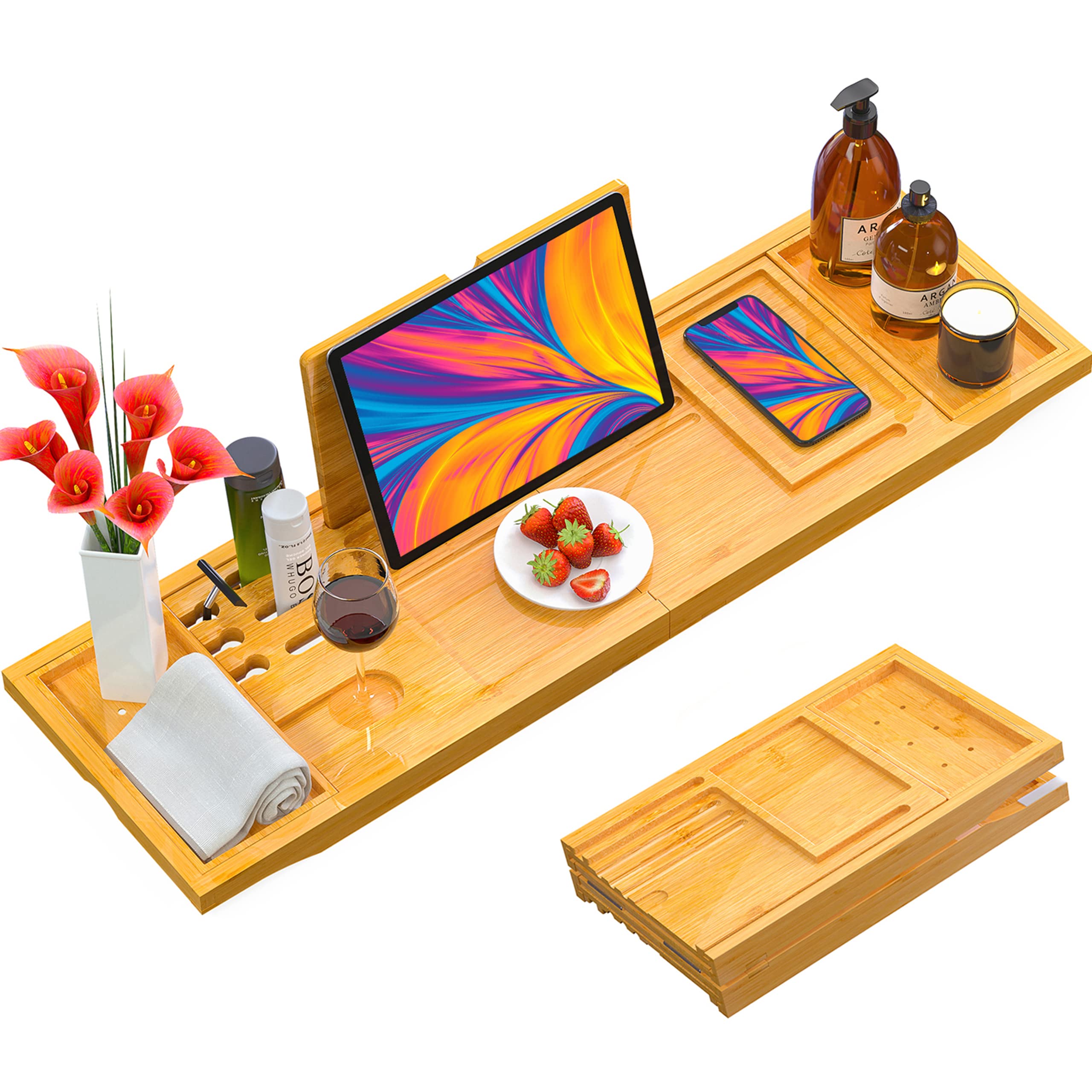 Kalrin Expandable & Foldable Bamboo Bathtub Tray with Wine Glass Holder & Book/Tablet Stand - Spa Bath Caddy for Relaxation, Perfect Personalized Gift for Women - Ideal for Home Spa, Bubble Baths & Reading in Tub
