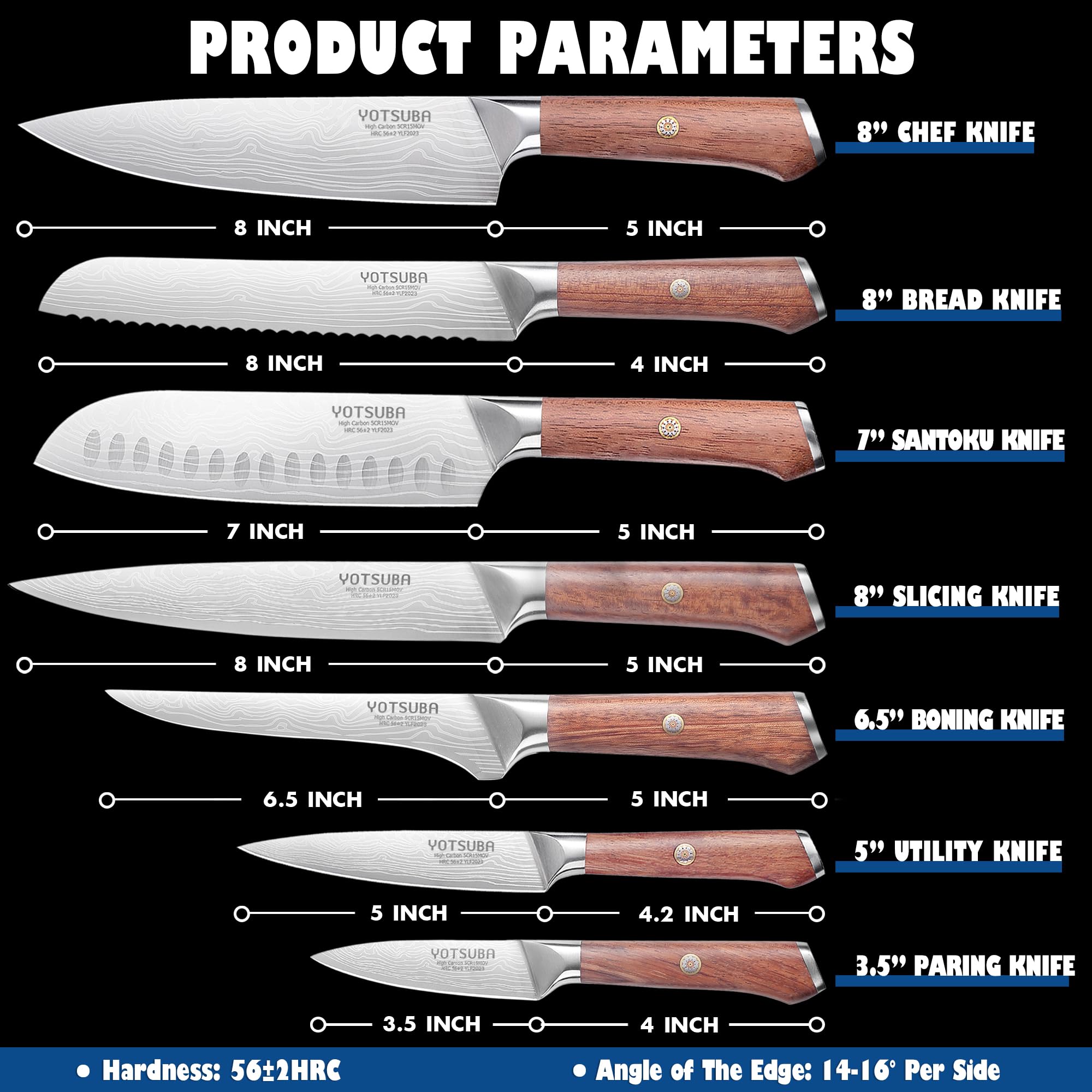 YOTSUBA 7-Piece Kitchen Knife Set - High Carbon Stainless Steel Sharp Knives with Ergonomic Handle for Professional Chefs & Home Cooking | Perfect for Meat Cutting, Vegetable Chopping & Food Prep