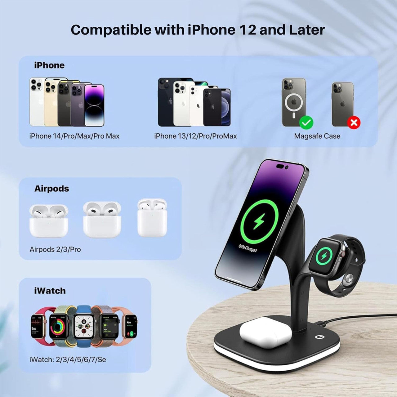 5 in 1 Wireless Fast Charging Station for iPhone, Samsung & AirPods - Multi Device Charger with Night Light - Perfect for Bedroom, Office & Travel