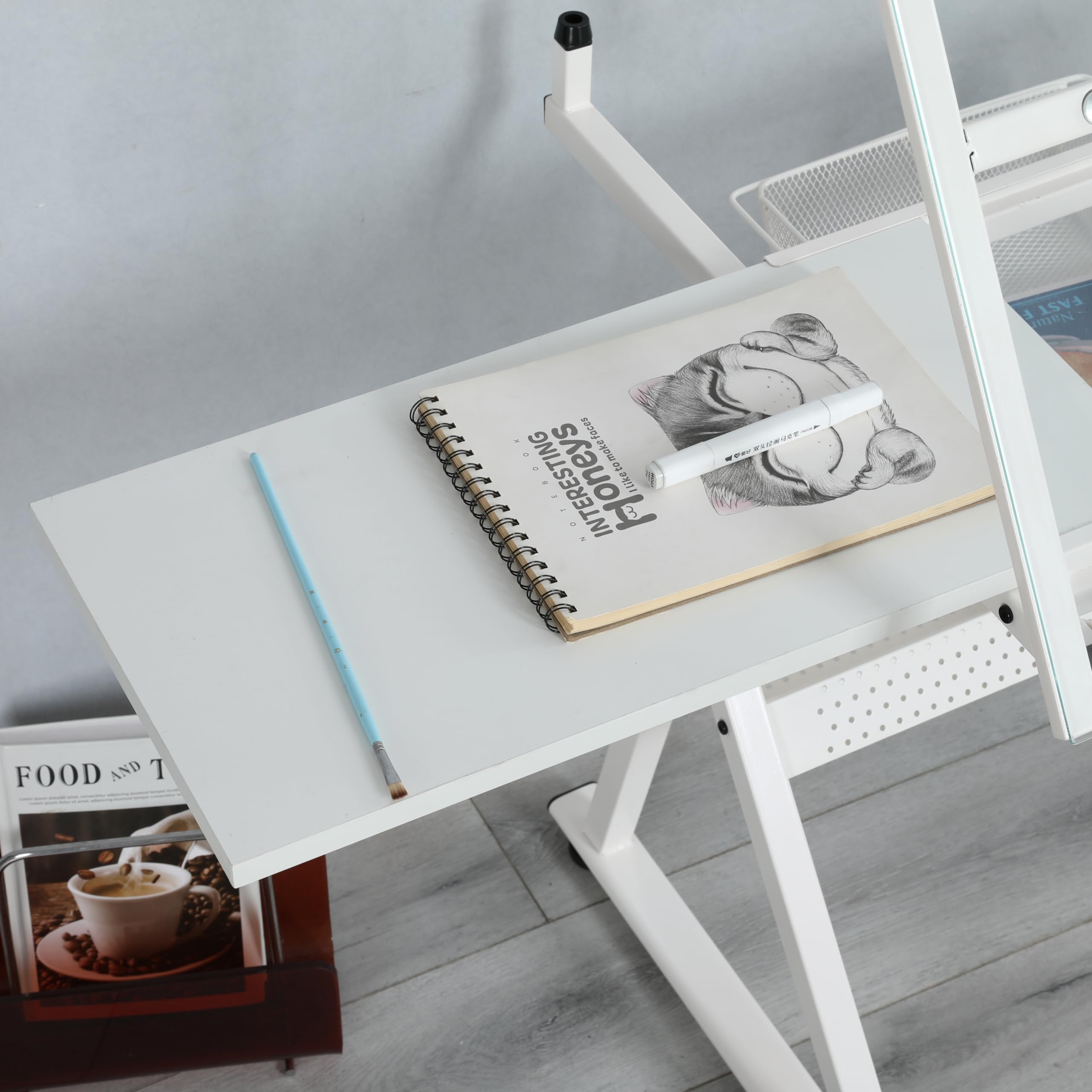 Adjustable Drafting Table with Tilting Glass Top & Stool - Multifunctional Art Craft Drawing Desk, Study Metal Workstation with Storage - Perfect for Home Office, Studio & Creative Workspaces (White)