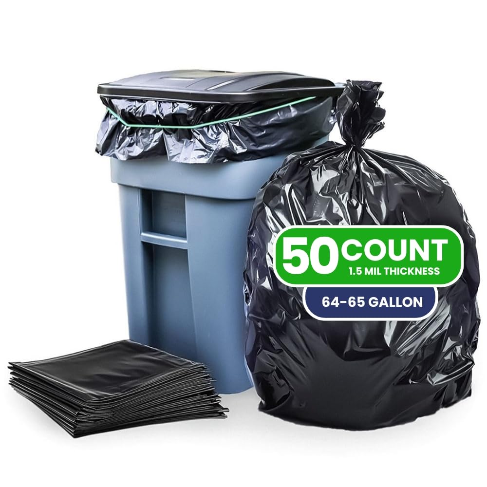 Plasticplace Heavy-Duty 64-65 Gallon Black Trash Bags (50 Count) - 1.5 Mil Thick Garbage Can Liners 50