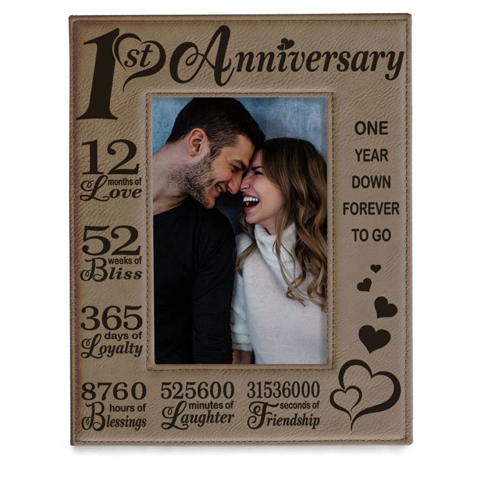 KATE POSH 1st Anniversary Engraved Leather Picture Frame - 4x6 Vertical Wedding Gift for Couples, Him & Her | Romantic Keepsake for Paper Anniversary | Perfect for Bedroom, Office Desk or Gift Display