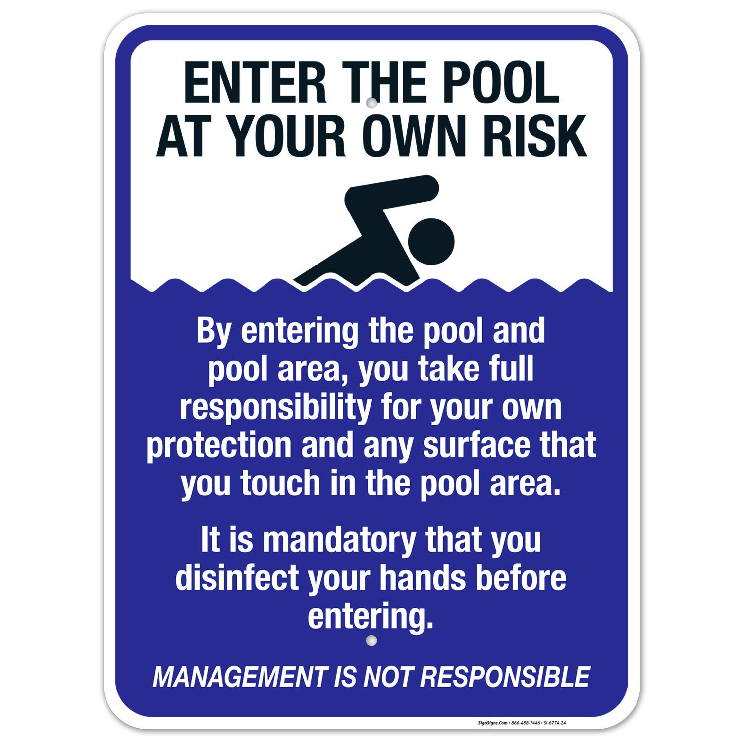 Enter The Pool at Your Own Risk Sign - 18x24 Inches Rust-Free .063 Aluminum Pool Warning Sign - Fade Resistant Indoor/Outdoor Safety Sign - Made in USA - Perfect for Backyard Pools, Community Centers & Water Parks