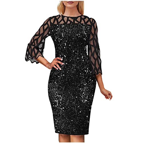 Sexy Hollow Out Mesh Sequin Midi Dress for Women - Plus Size Summer Casual Party Dress with Long Sleeve (Black, S) | Perfect for Beach Vacations, Date Nights & Cocktail Parties