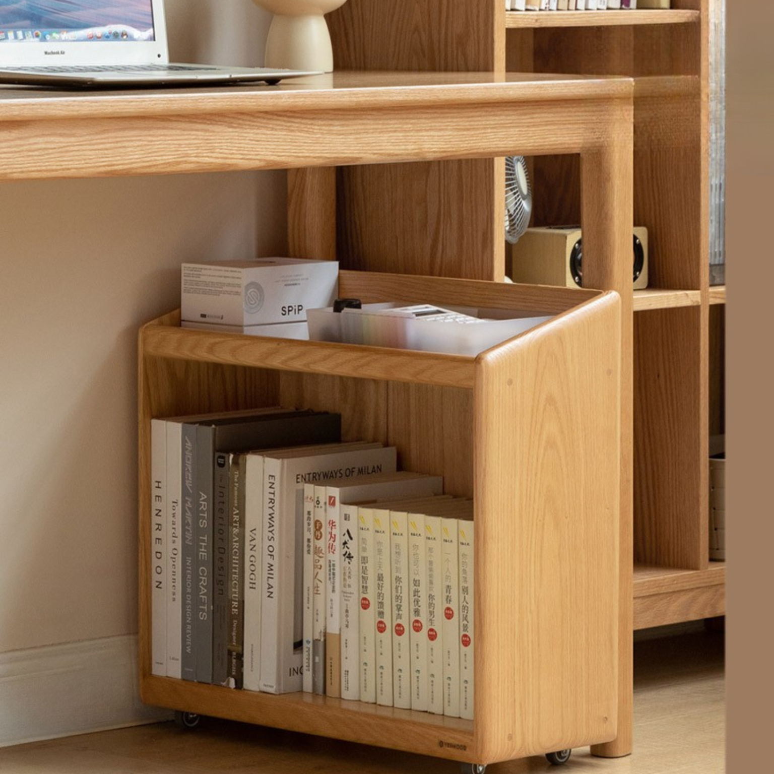 Solid Oak Wood Under Desk Mobile Bookshelf - Rolling Storage Organizer for Home Office, Study, or Kids Room - Perfect for Files, Books, and Supplies